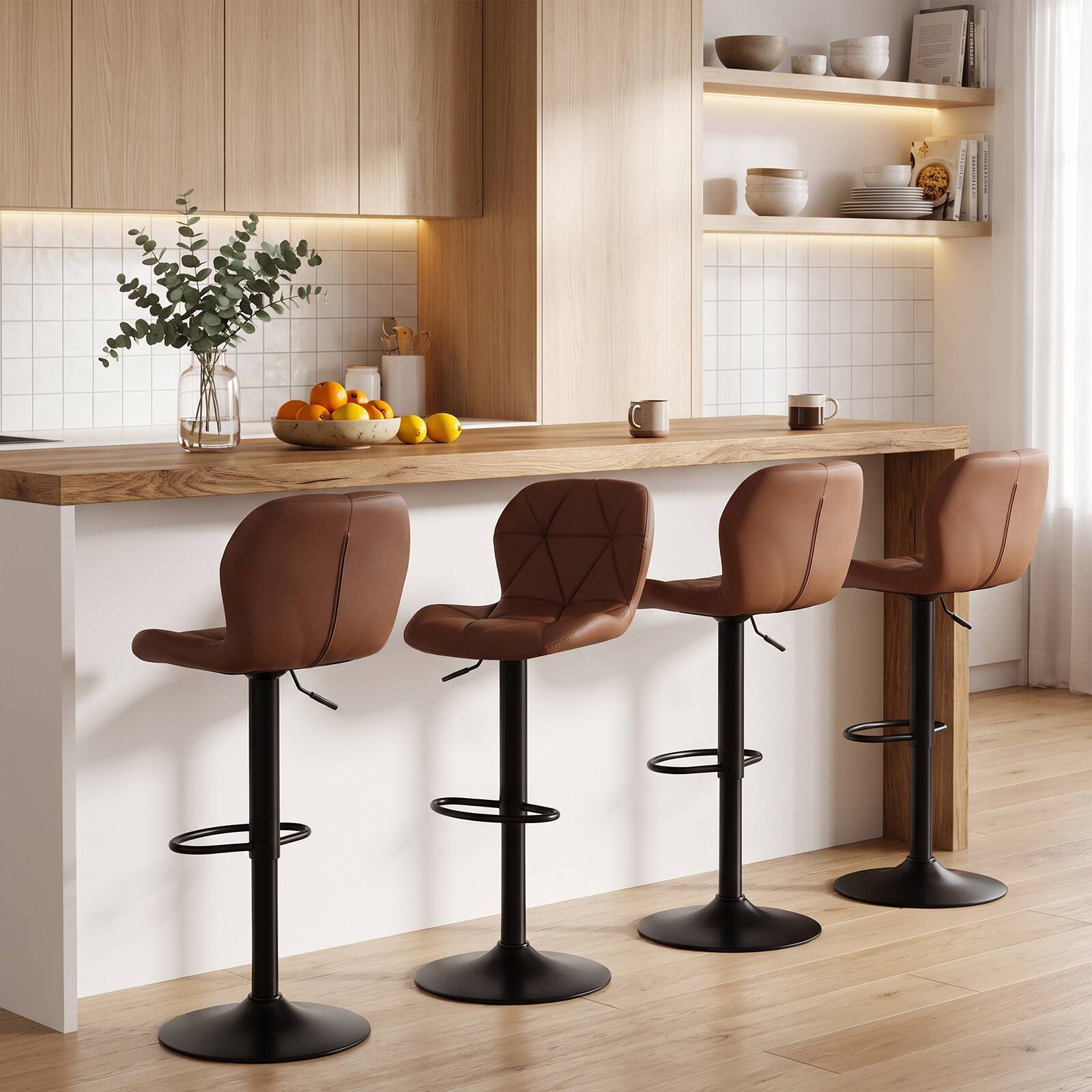 Alt View 1. Costway - Costway 2 PCS Upholstered Swivel Bar Stools with Adjustable Height Curved Backs Footrests - Brown.