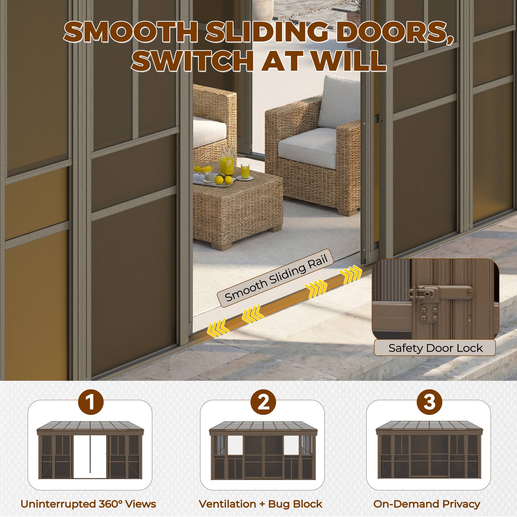 SMOOTH SLIDING DOORS, SWITCH AT WILL

1. Uninterrupted 360° Views
2. Ventilation + Bug Block
3. On-Demand Privacy

Smooth Sliding Rail
Safety Door Lock