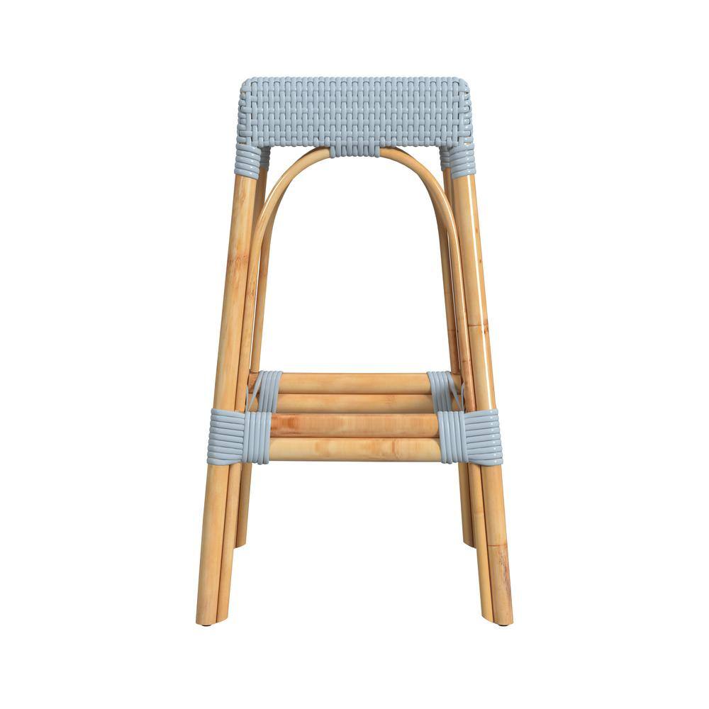 Left. Butler Specialty - Robias Rectangular Rattan 30" Bar Stool - Baby Blue.