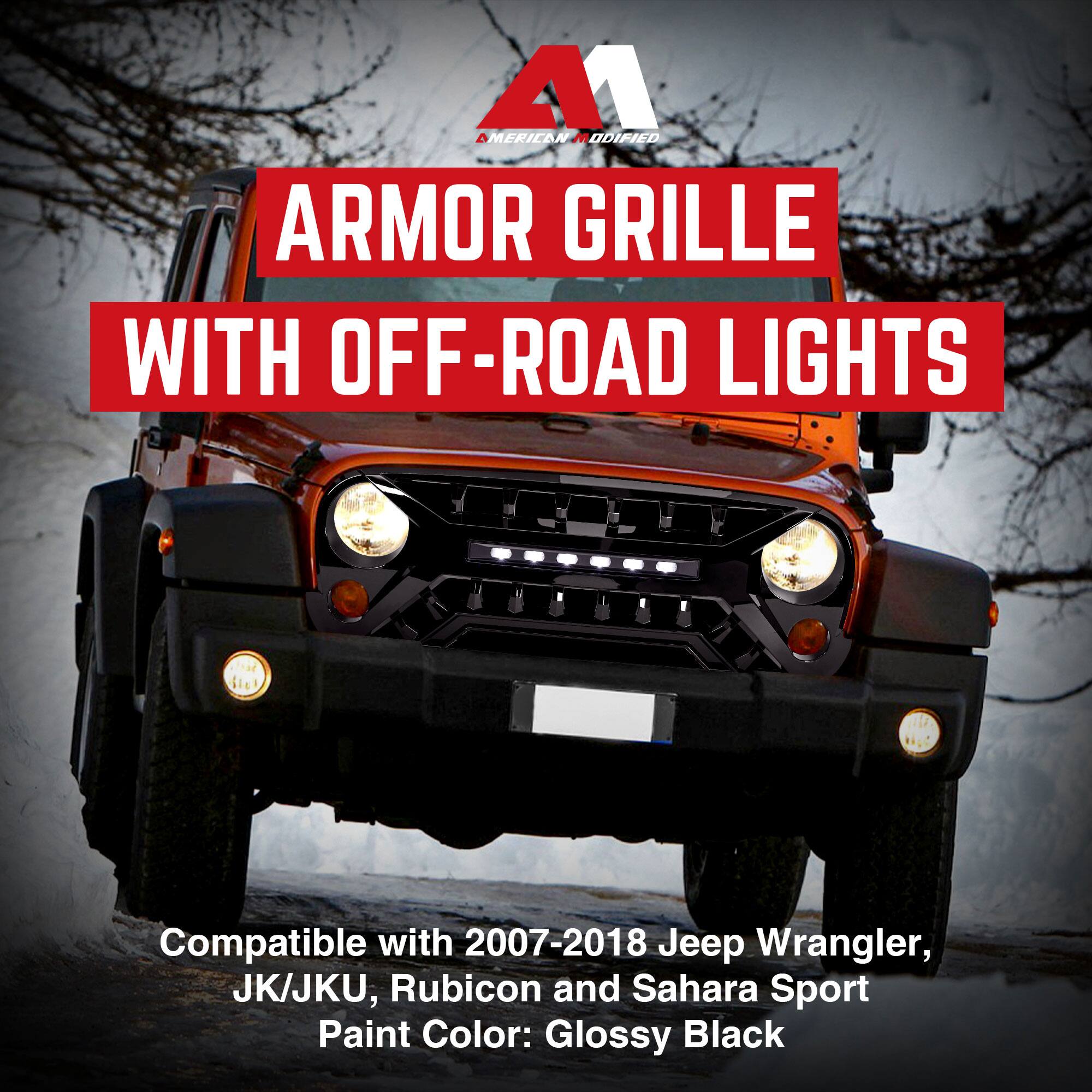 A1  
ARMOR GRILLE WITH OFF-ROAD LIGHTS  

Compatible with 2007-2018 Jeep Wrangler, JK/JKU, Rubicon and Sahara Sport  
Paint Color: Glossy Black