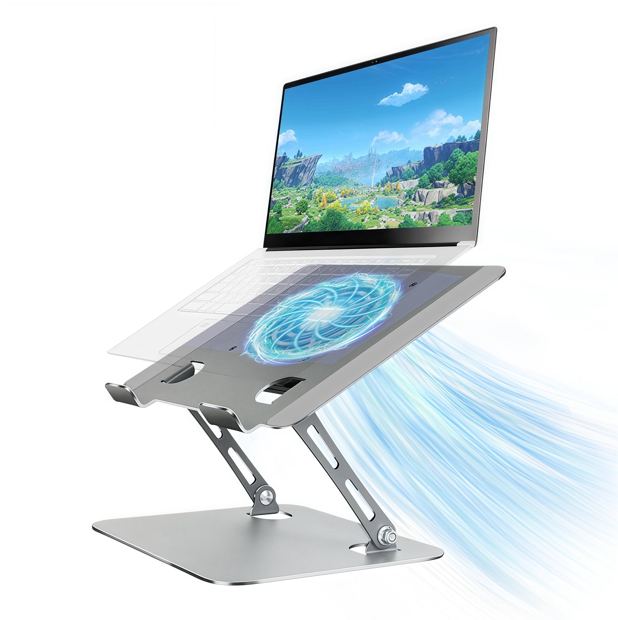 Front. HongFei - Laptop Cooling Stand with Fan and One Key Switch - Ergonomic Adjustable Height Desk Stand for 10-16” Laptops - Grey.