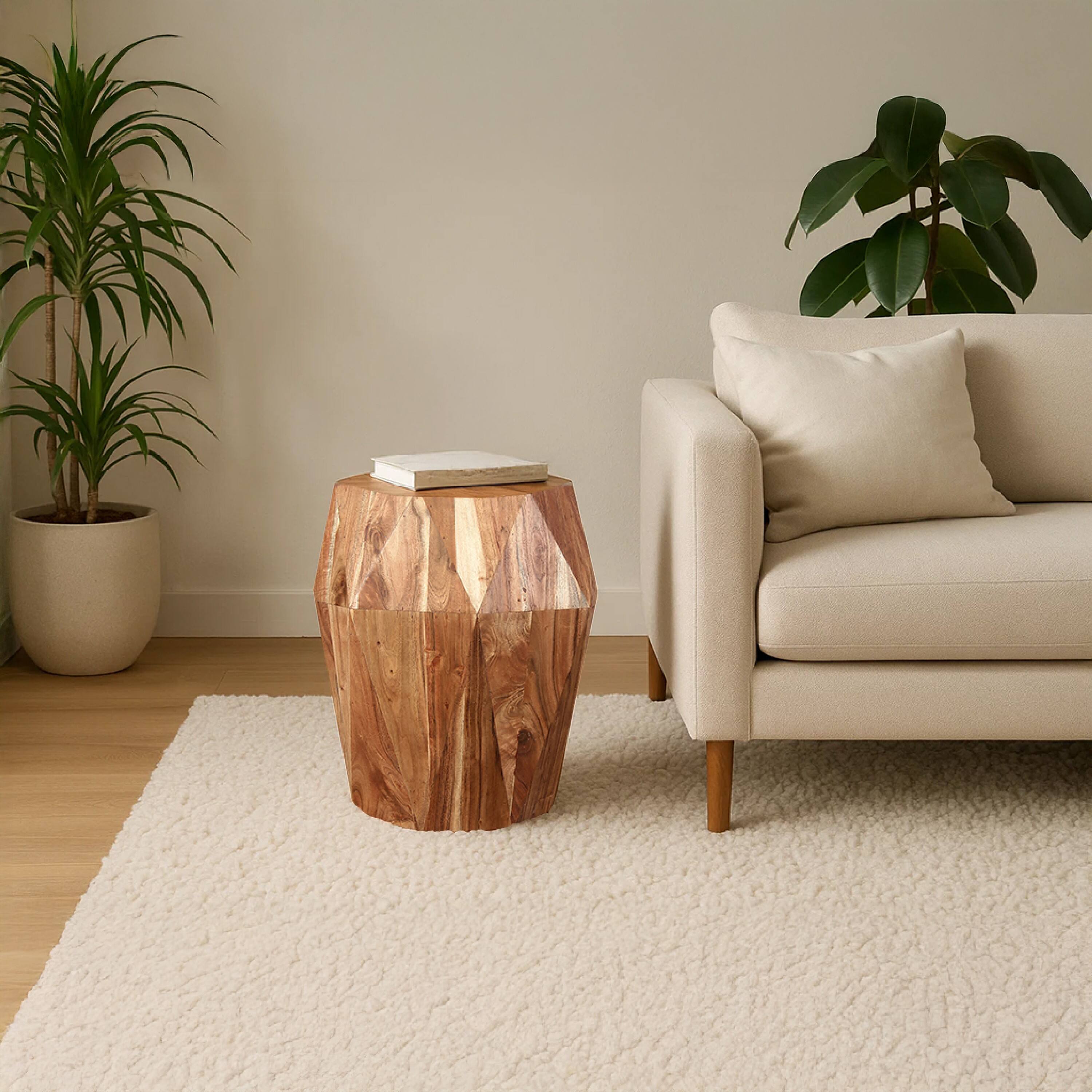 Alt View 7. Manhattan Lane - 22 Inch Artisanal End Side Table, Multifaceted Solid Acacia Wood, Octagon Top - Brown.