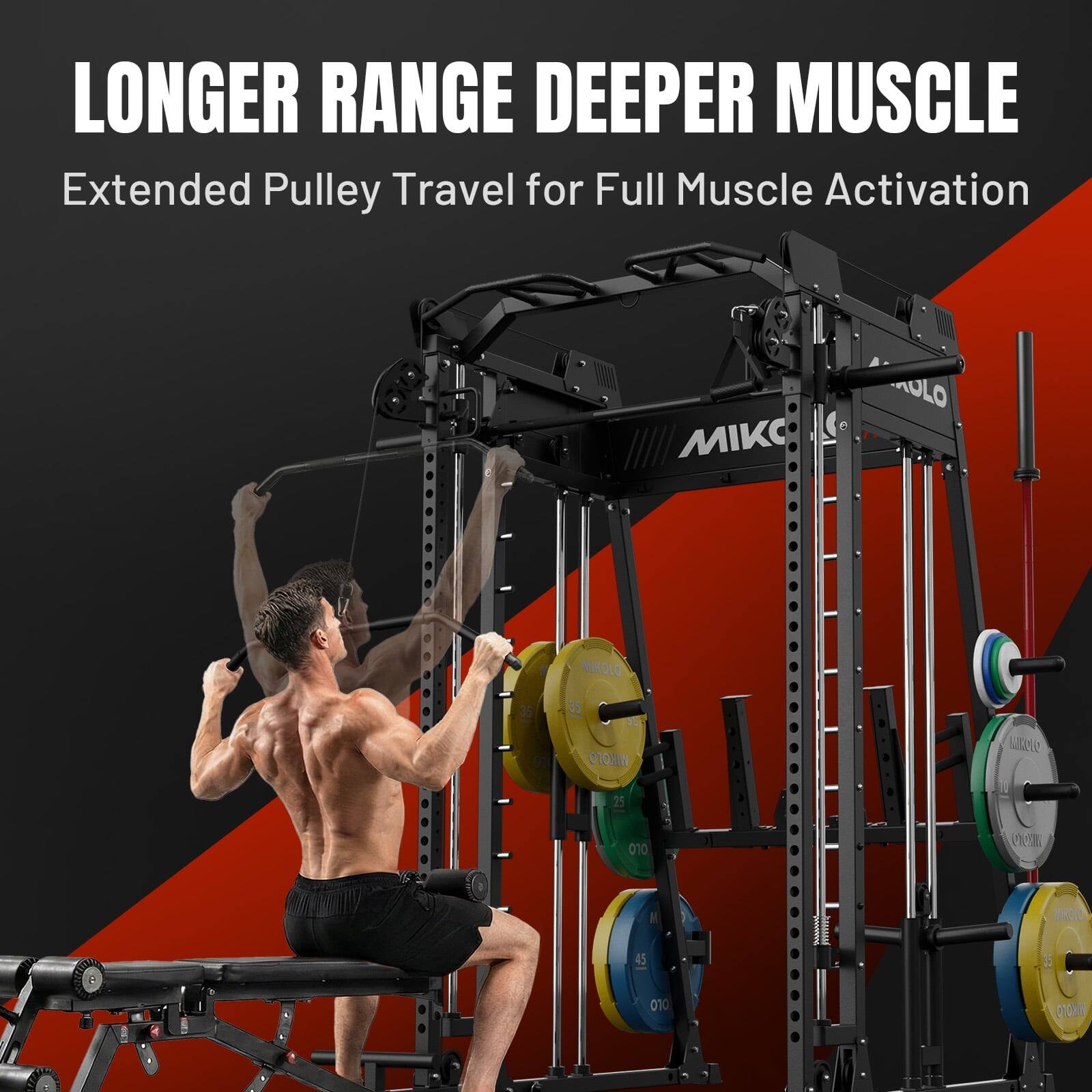LONGER RANGE DEEPER MUSCLE  
Extended Pulley Travel for Full Muscle Activation

MIKOLO  
35 01  
35 SET WIKOTO  

25  

com  
M 45  
passeszie  
MIKCLO 25  
010