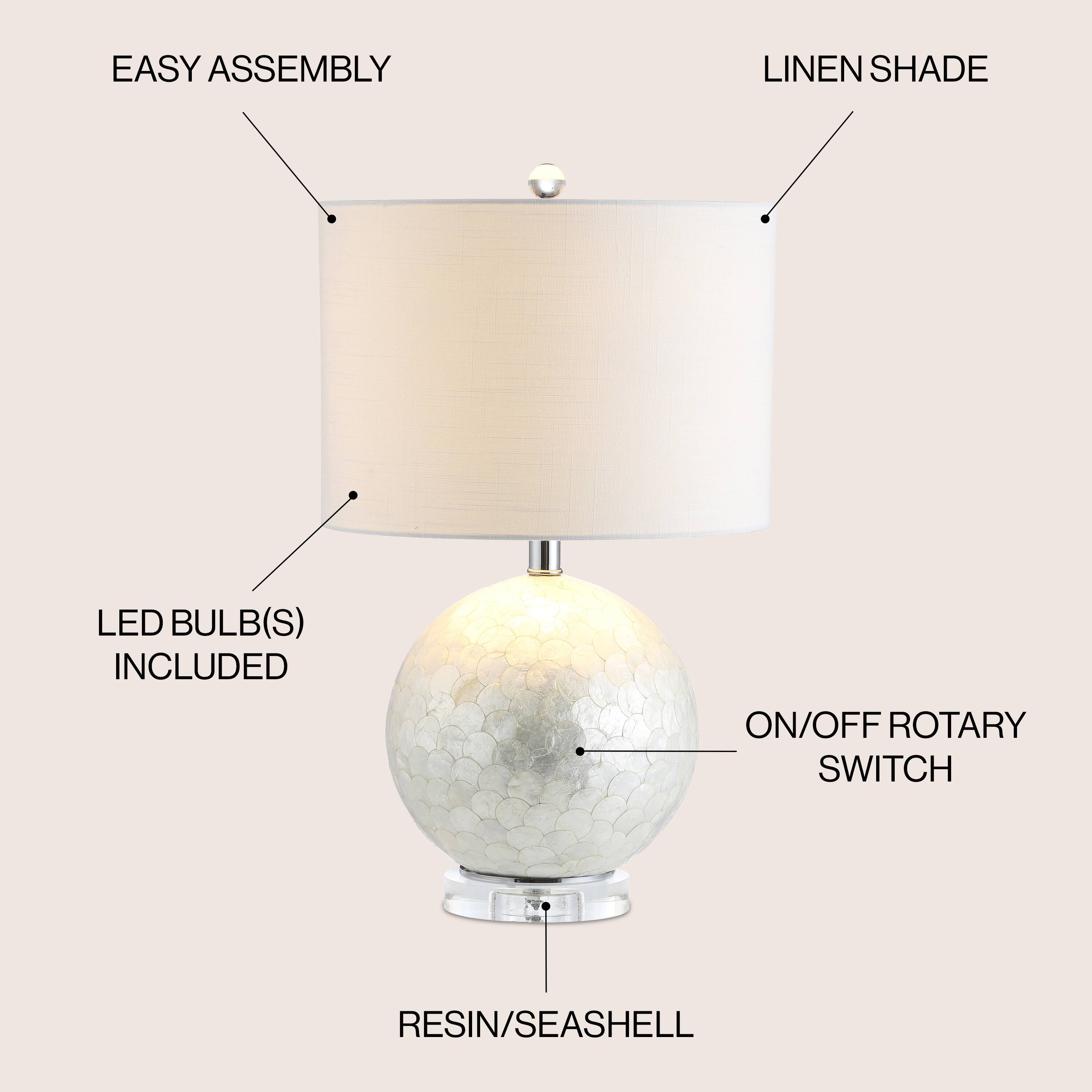 EASY ASSEMBLY  
LINEN SHADE  
LED BULB(S) INCLUDED  
ON/OFF ROTARY SWITCH  
RESIN/SEASHELL