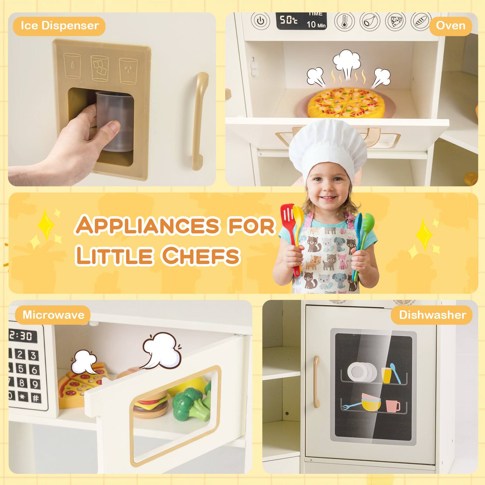 Ice Dispenser  
50%  
5 TNE  
10 Min  
Oven  
APPLIANCES FOR LITTLE CHEFS  
Microwave  
2:30  
2 3 5 6 8 * 3 6 9 #  
Dishwasher