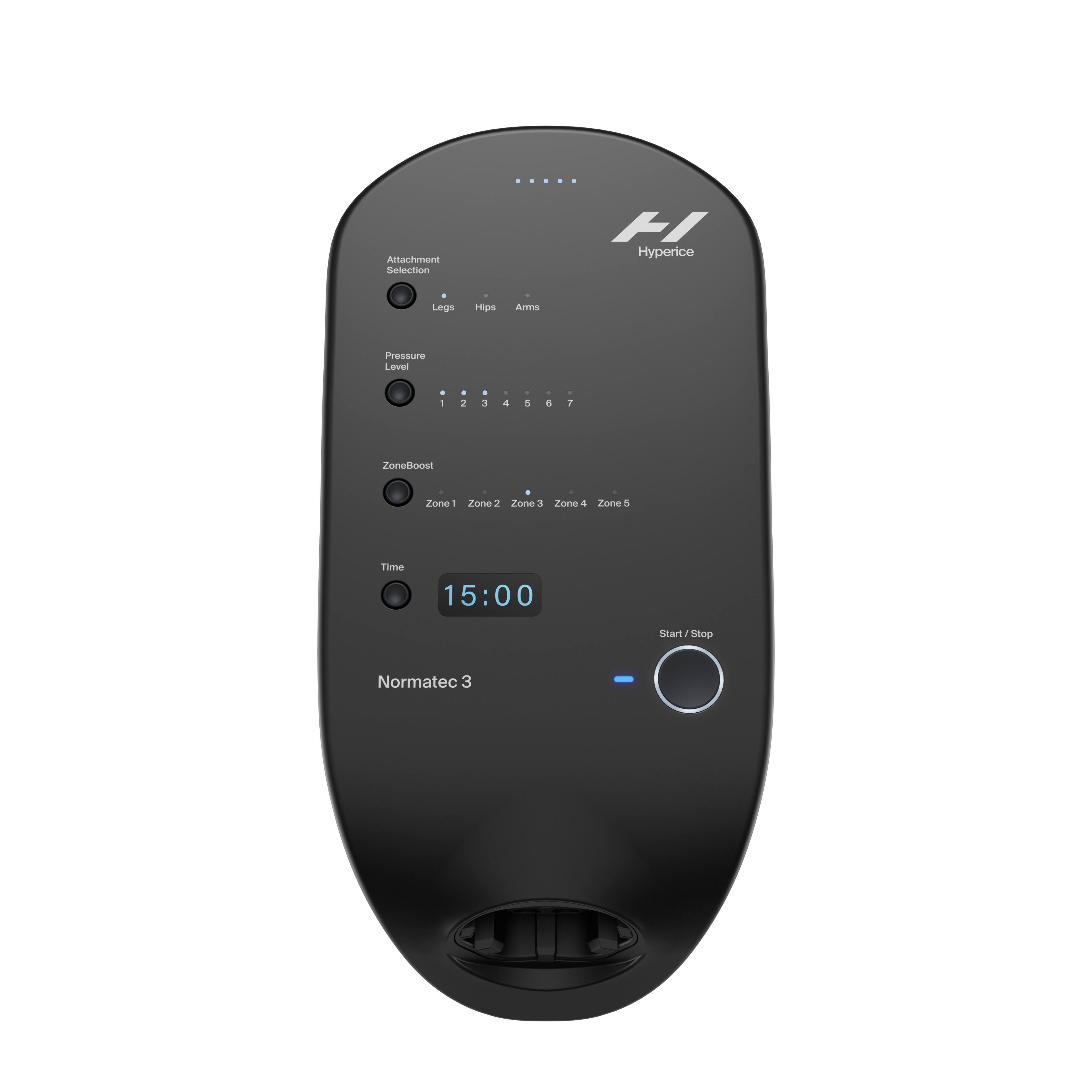 Attachment Selection  
- Legs  
- Hips  
- Arms  

Pressure Level  
1 2 3 4 5 6 7  

ZoneBoost  
- Zone 1  
- Zone 2  
- Zone 3  
- Zone 4  
- Zone 5  

Time  
15:00  

Start/Stop  

Normatec 3