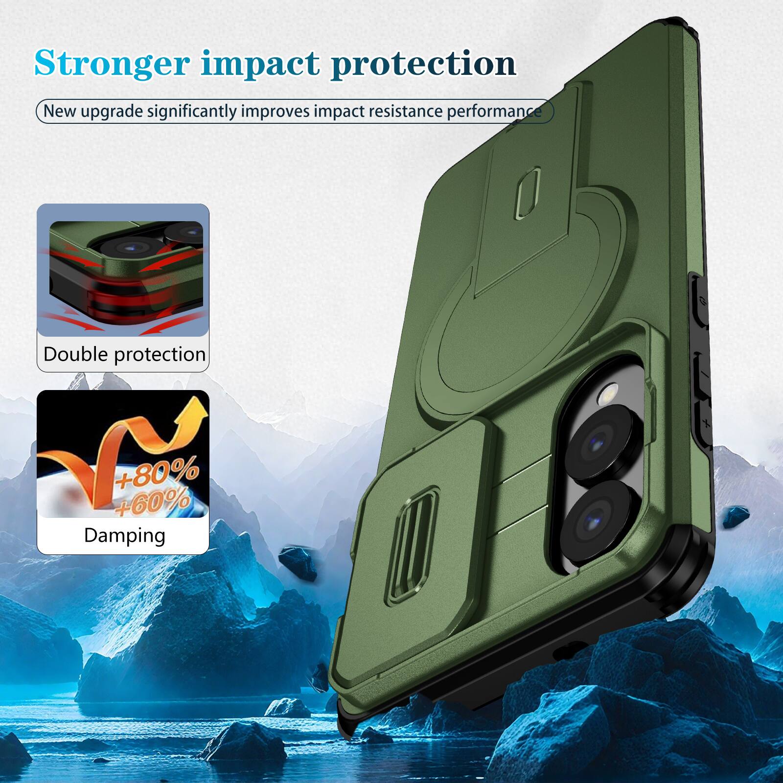 Stronger impact protection  
New upgrade significantly improves impact resistance performance  
Double protection  
+80% +60% Damping