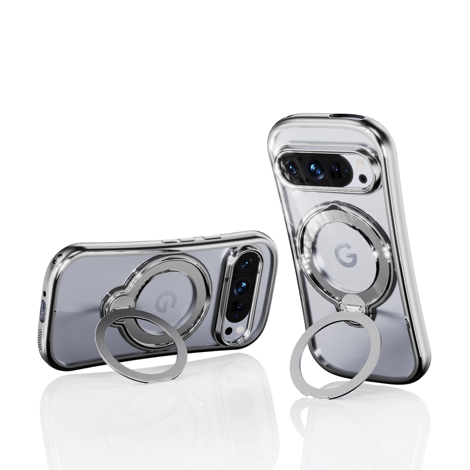 Alt View 4. Dteck - Hands-Free Crossbody Magnetic Case for Google Pixel 10 Pro XL with 360 Ring Stand, Clear Shockproof TPU Protective Cover - Silver.