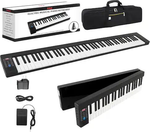 PYLE ELECTRIC MUSICAL PIANO KEYBOARD
9 FUNCTIONS:
- RECORD
- RHYTHM
- METRONOME
- DRUM KIT
- DRUM VOICE
- DYNAMIC SWITCH
- WIRELESS BT MIDI
- BT AUDIO
PORTABLE AND FOLDABLE ELECTRONIC PIANO KEYBOARD
INCLUDES:
- PYLE PIANO KEYBOARD
- FOLDABLE ELECTRONIC PIANO
- CARRY CASE
- POWER ADAPTER
- USB CABLE
- AC ADAPTER