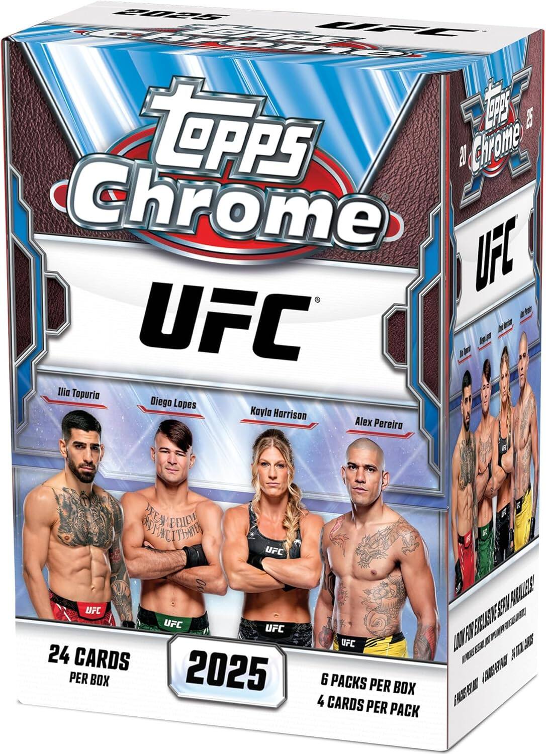 Topps Chrome UFC  
2025  
24 Cards Per Box  
6 Packs Per Box  
4 Cards Per Pack  

Ilia Topuria  
Diego Lopes  
Kayla Harrison  
Alex Pereira