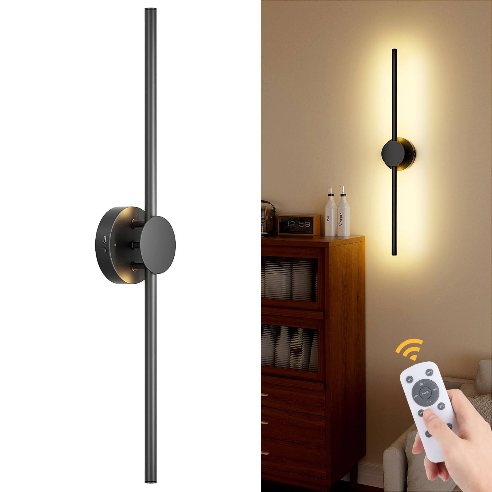 HM 1810 - Operated Wall Sconces With Remote Control Dimmable Rotatable Lamppost k k Led Modern Wireless Sconce For Li - Black 1 Pack