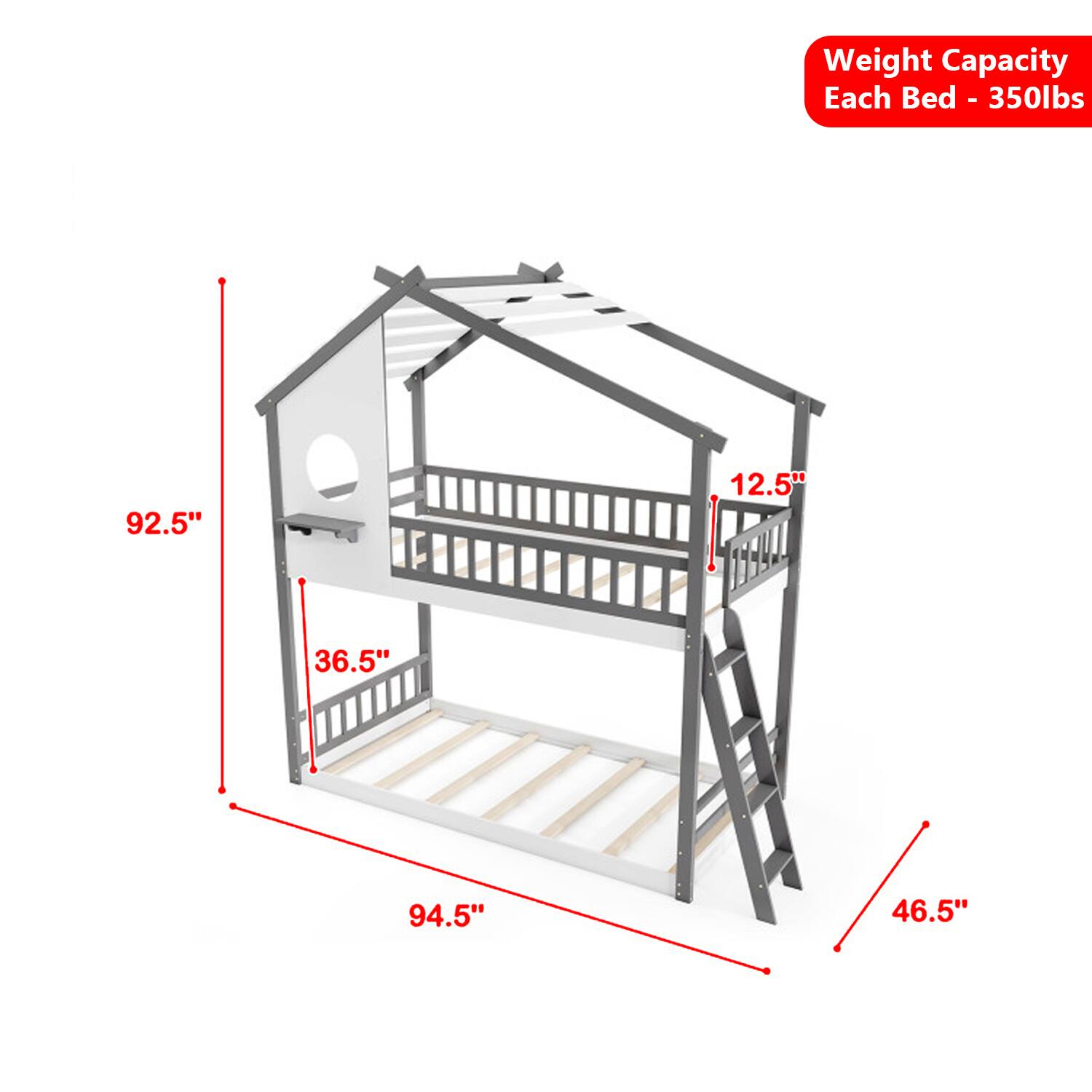 Weight Capacity Each Bed - 350lbs  
92.5"  
12.5"  
36.5"  
94.5"  
46.5"