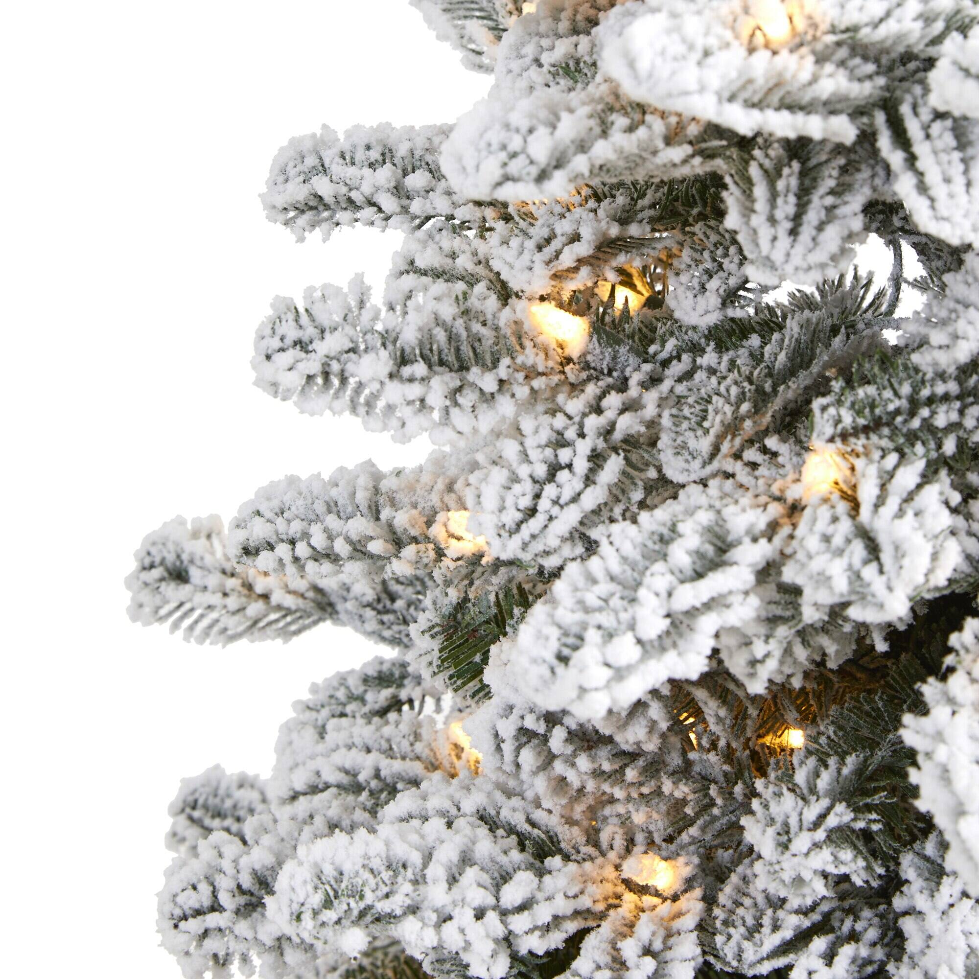Left. BreeBe - 3’ Flkd North Carolina Fir Xmas Tree w/150 Lights & 545 Tips - White.