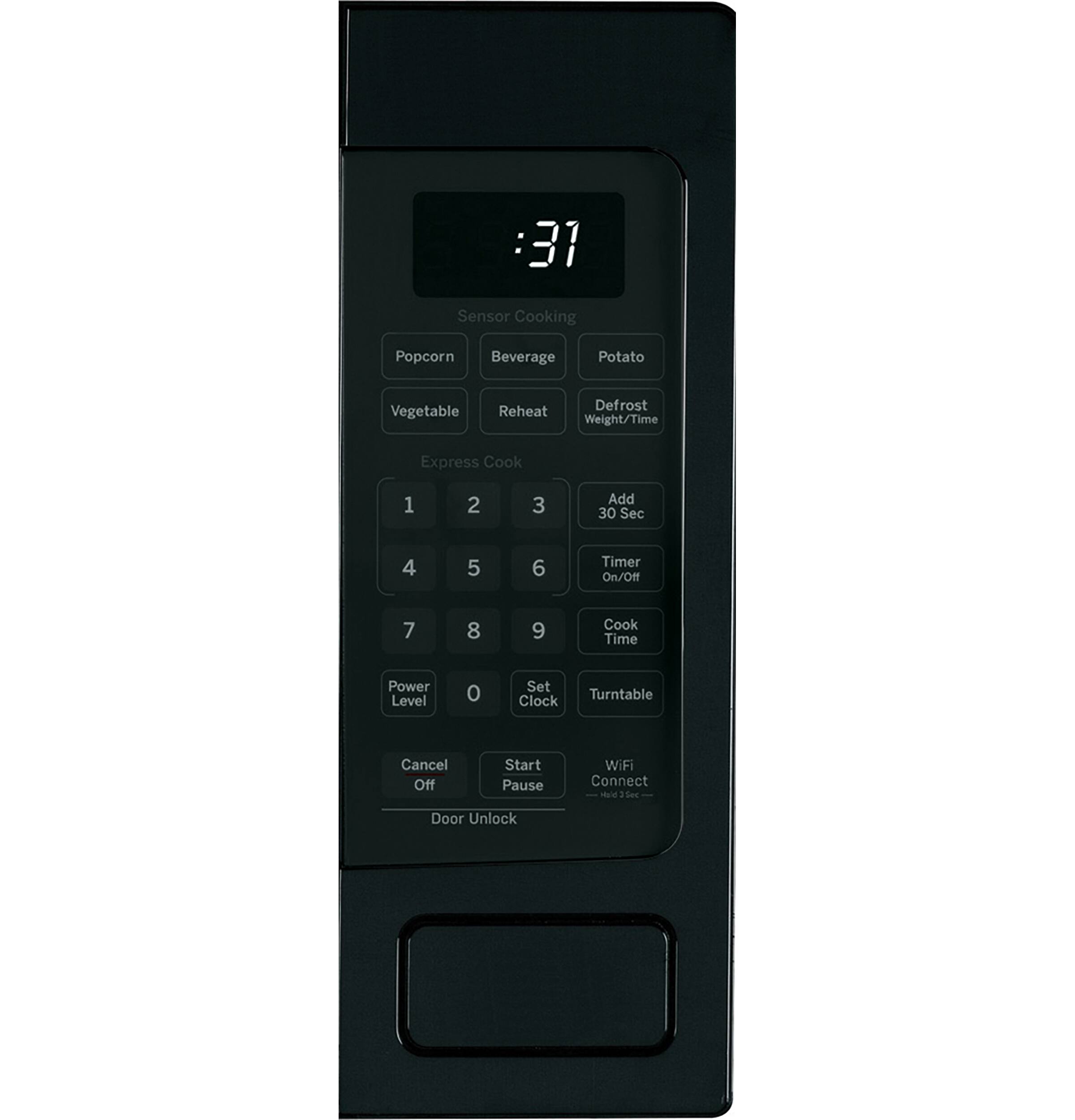 The image features a digital clock with a timer on it. The timer has buttons for various functions, such as sensor cooking, popcorn, beverage, potato, vegetable, reheat, defrost, express cook, and more. The clock also has a timer on/off button, a cook time button, and a power level button. The device also has a Wi-Fi connect button and a door unlock button. The clock is set to 31 minutes, and it is likely used for cooking purposes.