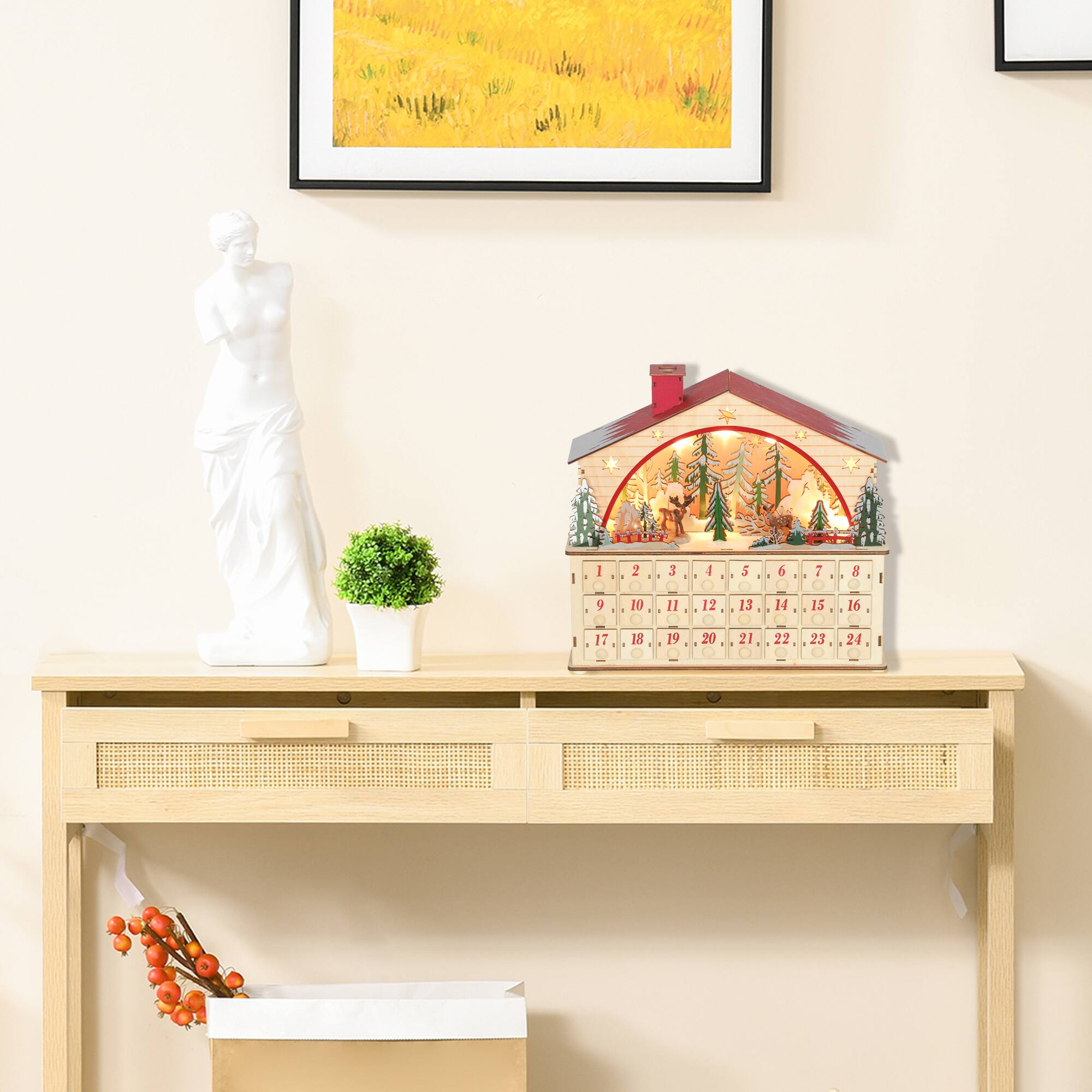 Alt View 1. Homcom - Christmas Advent Calendar w/ 24 Drawers, Reusable Lighted Wooden Countdown Calendar - Natural Wood.