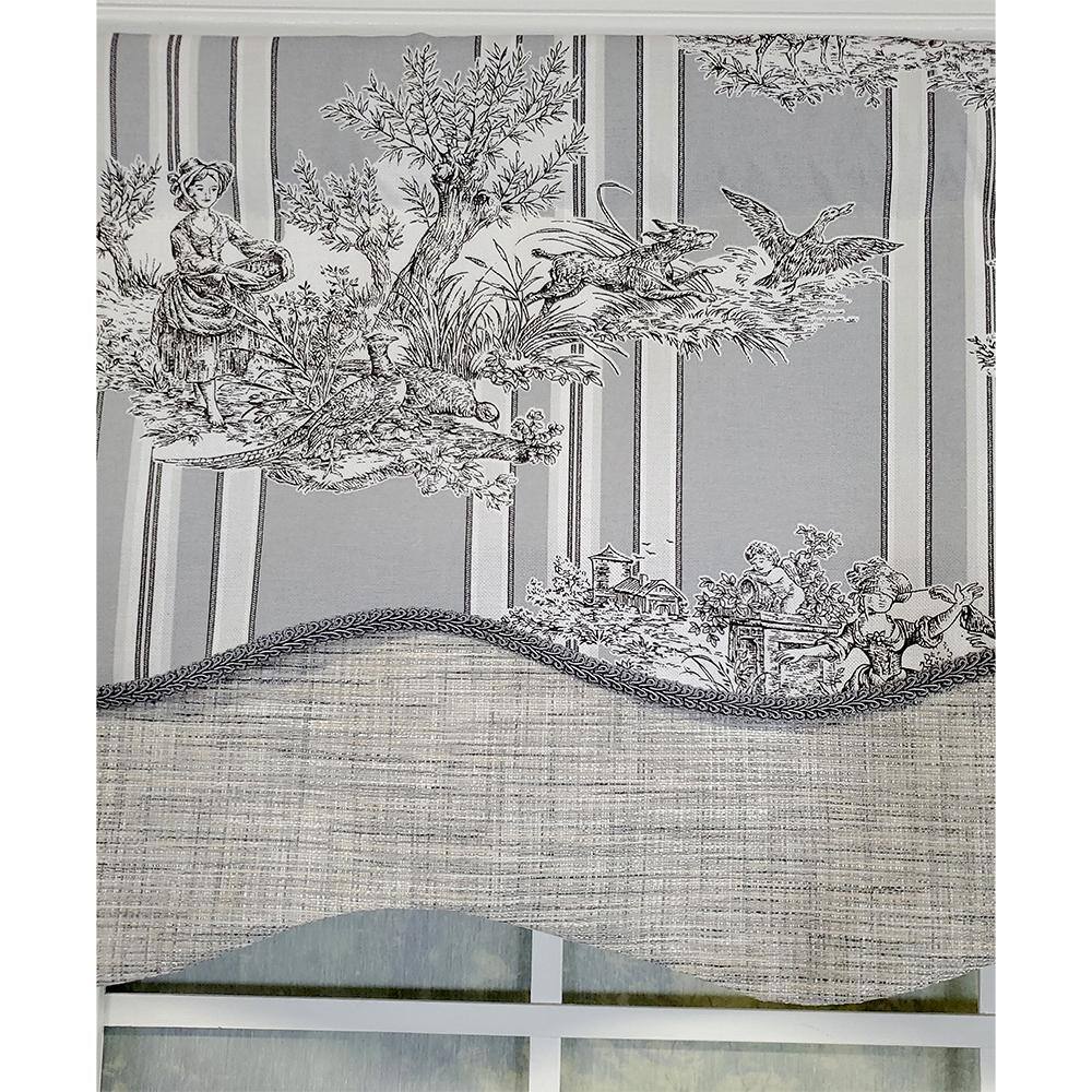 Left. RLF Home - RLF Home French Tableau Classic Toile Stripe and Solid Fabric Gimp Trim Ivory Lining Glory Valance 50" X 16" Gray - Gray.