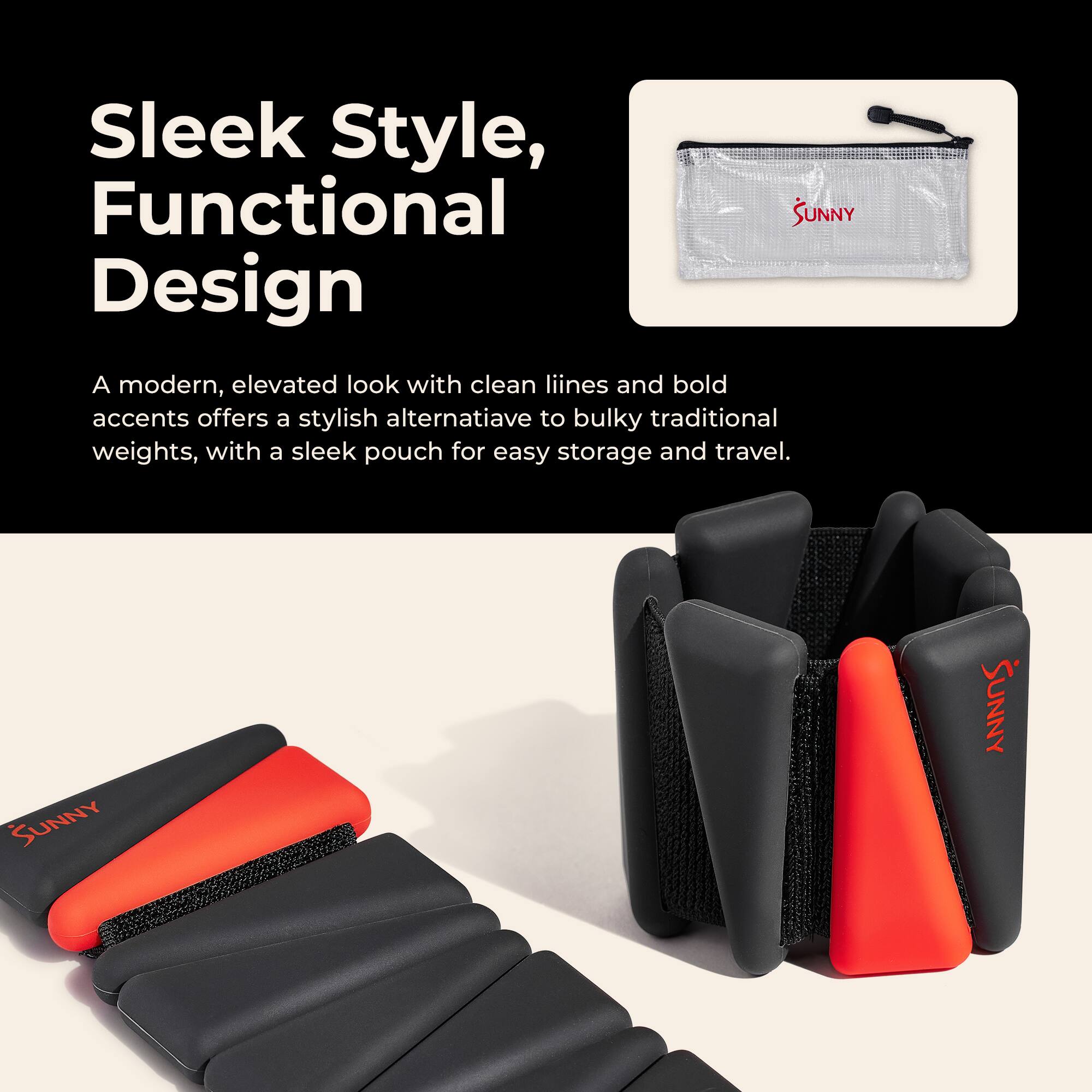 Sleek Style, Functional Design

A modern, elevated look with clean lines and bold accents offers a stylish alternative to bulky traditional weights, with a sleek pouch for easy storage and travel.