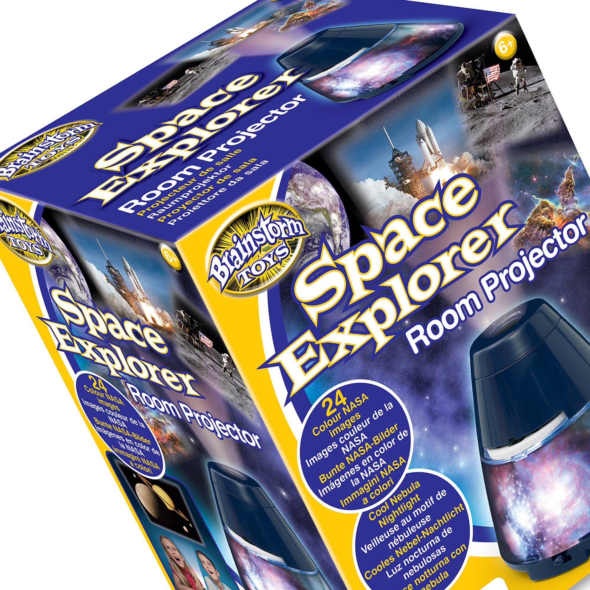 Brainstorm Space TOYS Projector Space Room Explorer is a room projector designed for children aged 24 months and up. The projector features NASA images and colorful images of the solar system, making it an educational and entertaining toy for kids. The projector is also a nightlight, providing a cool and soothing light for children to enjoy at night. The box includes a projector, a remote control, and a set of batteries, making it a complete and ready-to-use package for children to explore the wonders of space.