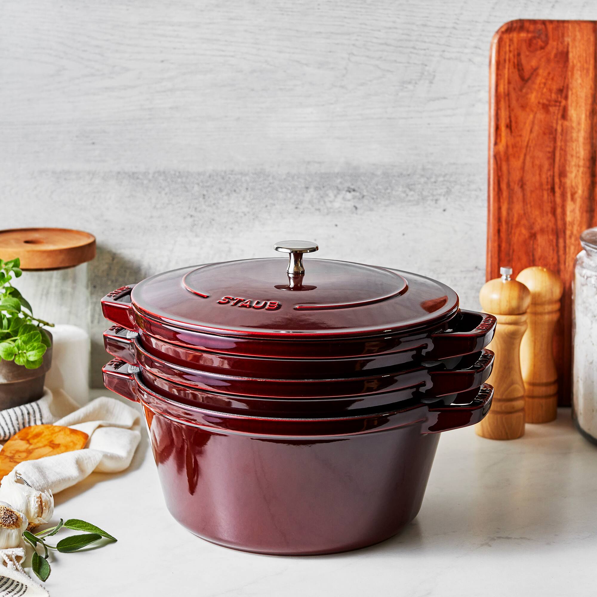 Alt View 8. Staub - STAUB Cast Iron Set 4-pc, Stackable Space-Saving Cookware Set, Dutch Oven with Universal Lid, Made in France, Grenadine - Grenadine.