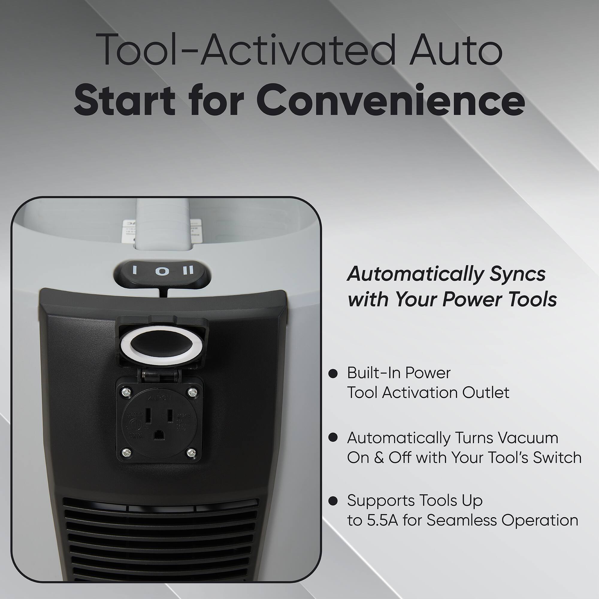 Tool-Activated Auto Start for Convenience  
Automatically Syncs with Your Power Tools  
Built-In Power Tool Activation Outlet  
Automatically Turns Vacuum On & Off with Your Tool's Switch  
Supports Tools Up to 5.5A for Seamless Operation
