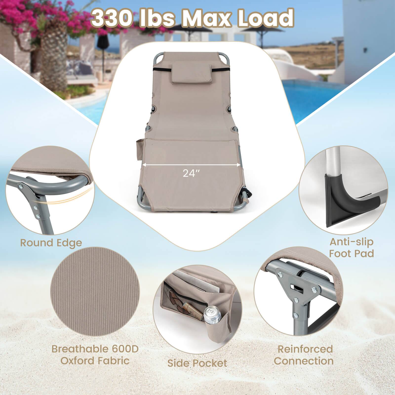 330 lbs Max Load  
24" Round Edge Anti-slip Foot Pad  
Breathable 600D Oxford Fabric  
Side Pocket  
Reinforced Connection