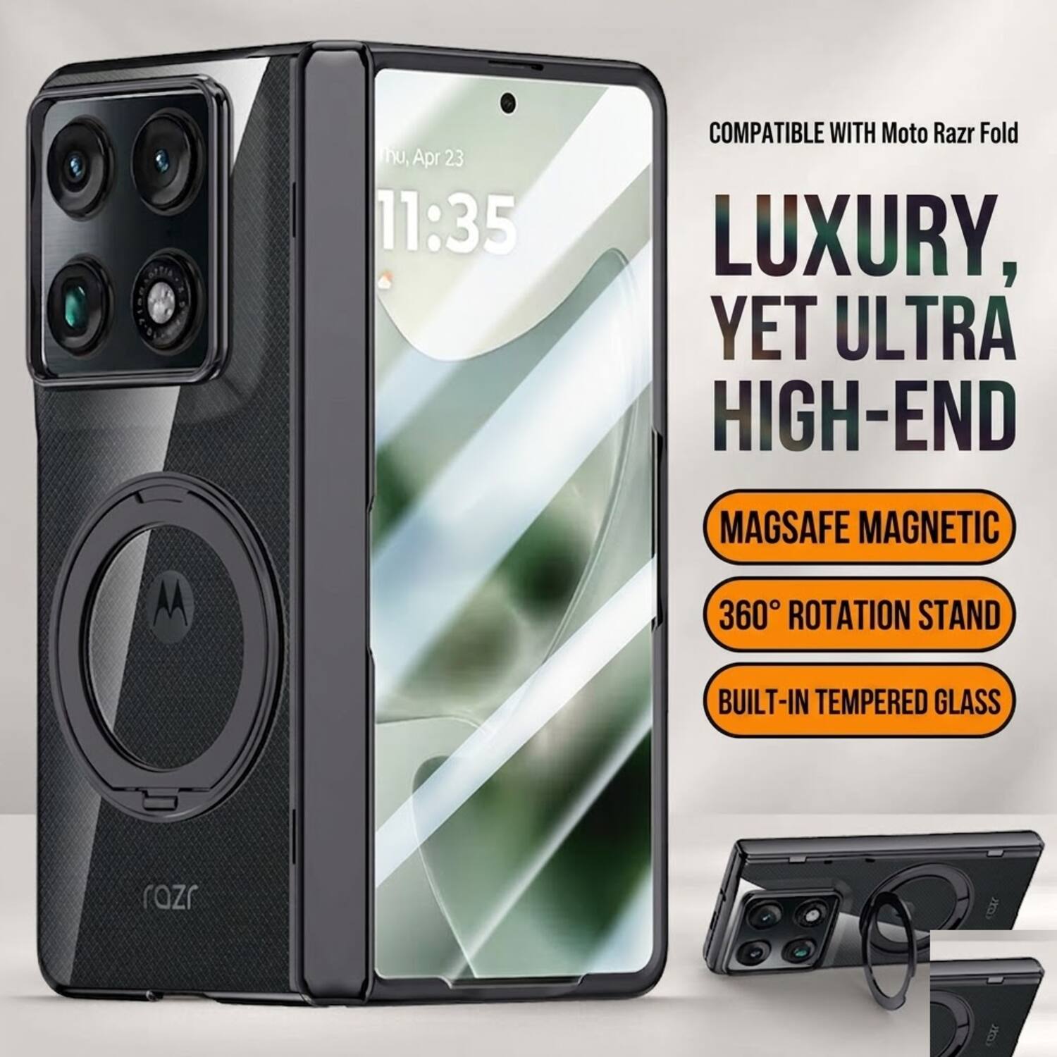 nu, Apr 23 11:35 COMPATIBLE WITH Moto Razr Fold LUXURY, YET ULTRA HIGH-END M MAGSAFE MAGNETIC 360° ROTATION STAND BUILT-IN TEMPERED GLASS