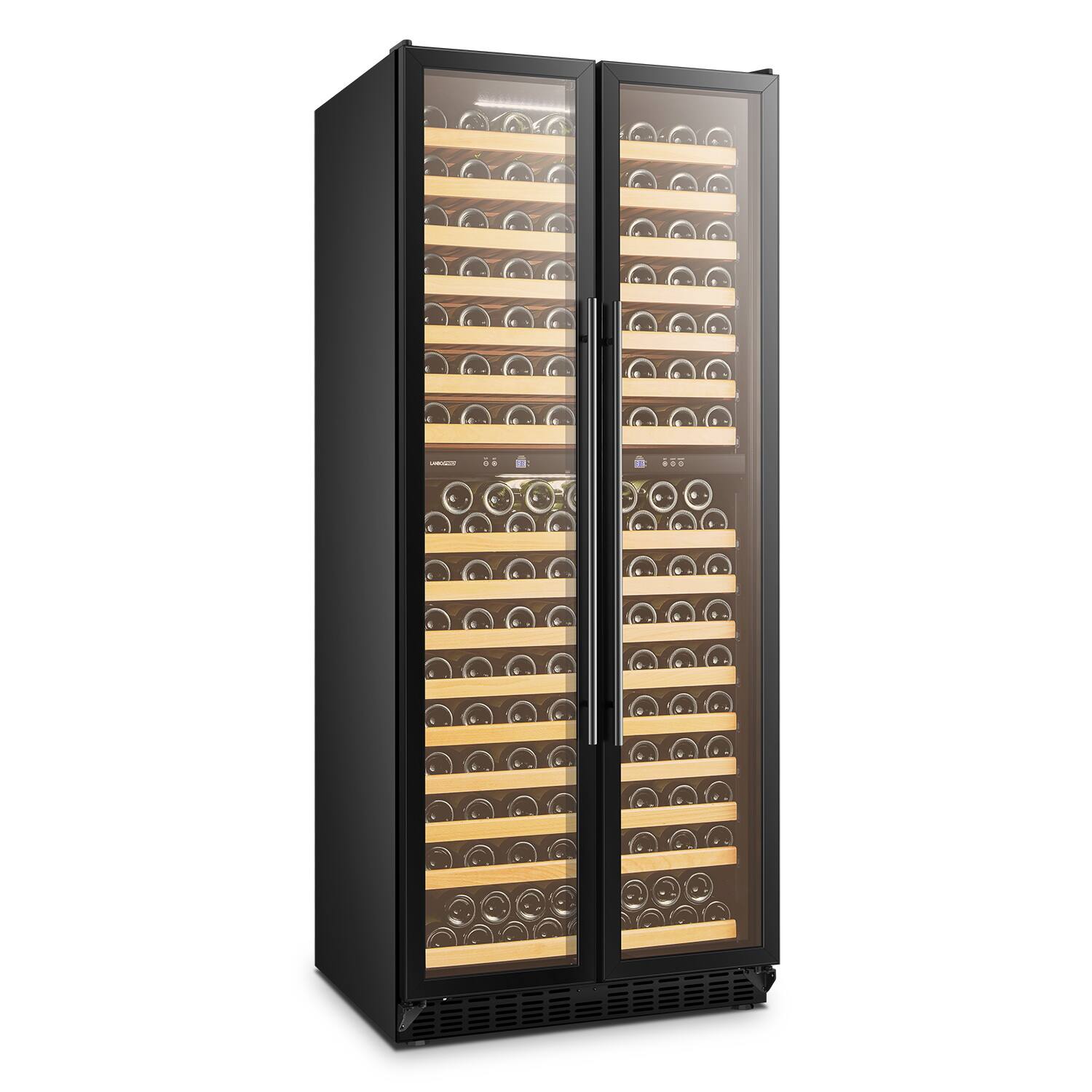 Left. LanboPro - 32 Inch 255 Bottle Dual Zone Wine Cooler Fridge with Huge Capacity and Fridge with Removable Shelves - Black.