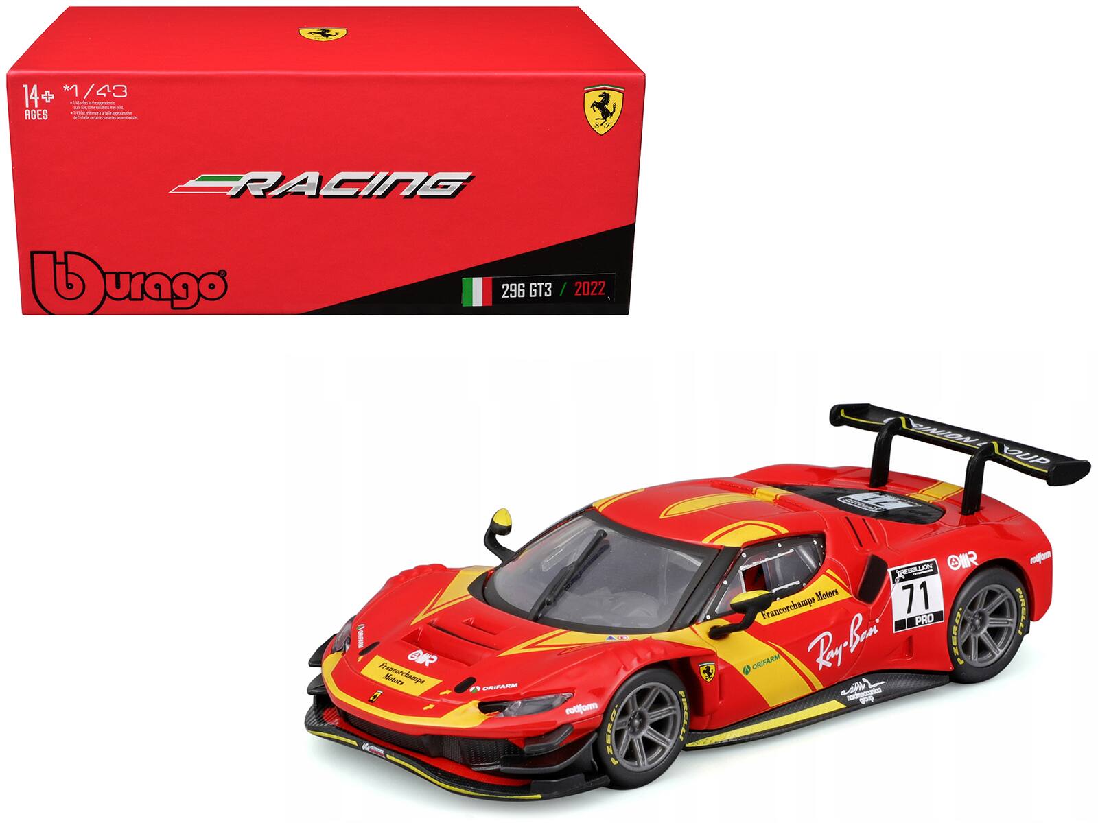 Bburago - Ferrari 296 GT3 #71 "Francorchamps Motors" (2022) "Racing" Series with Display Case 1/43 - Red