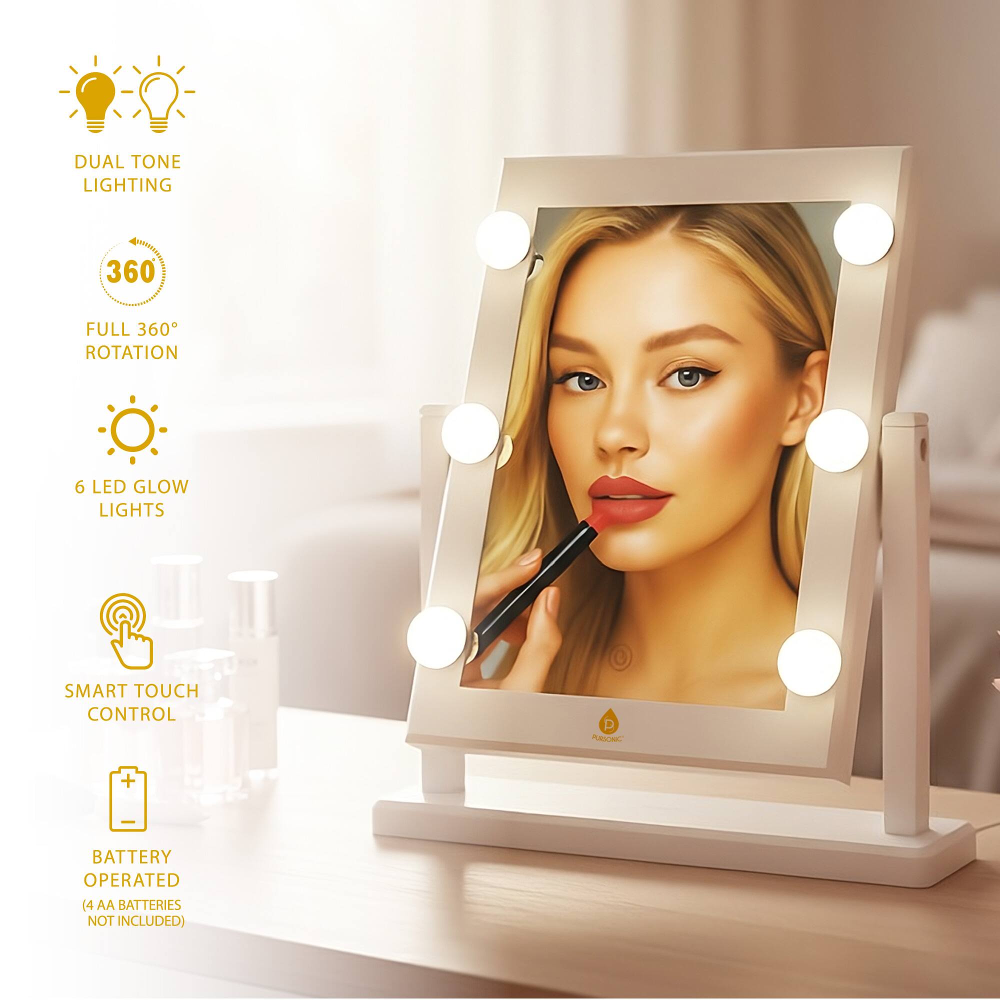 DUAL TONE LIGHTING  
360 FULL 360° ROTATION  
6 LED GLOW LIGHTS  
SMART TOUCH CONTROL  
BATTERY OPERATED (4 AA BATTERIES NOT INCLUDED)