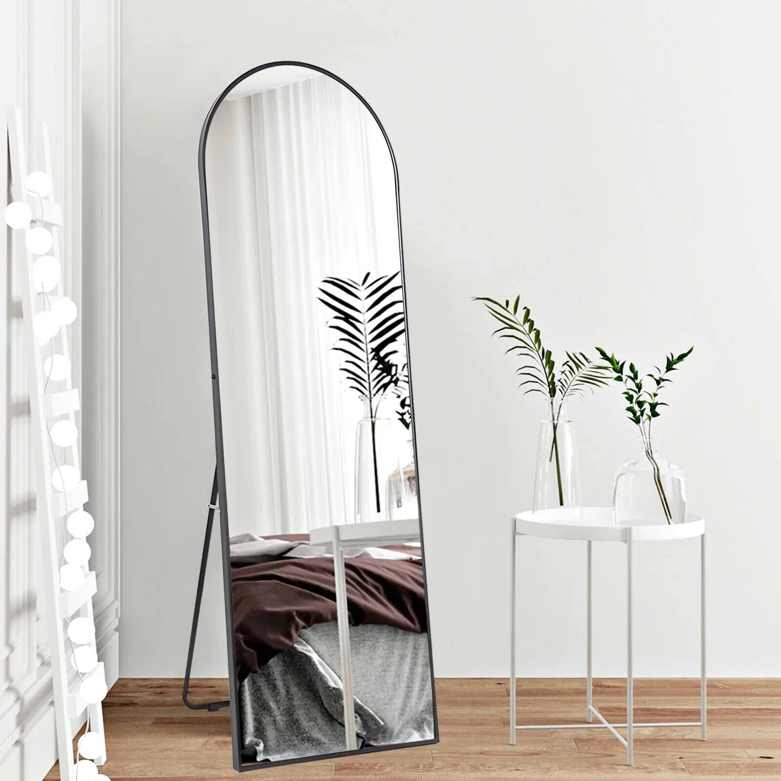 Alt View 1. SKONYON - 65"x22" Arched Full Length Mirror, Floor Mirror with Stand, Full Body Mirror, Arched Wall Mirror with Wood Frame - Black.
