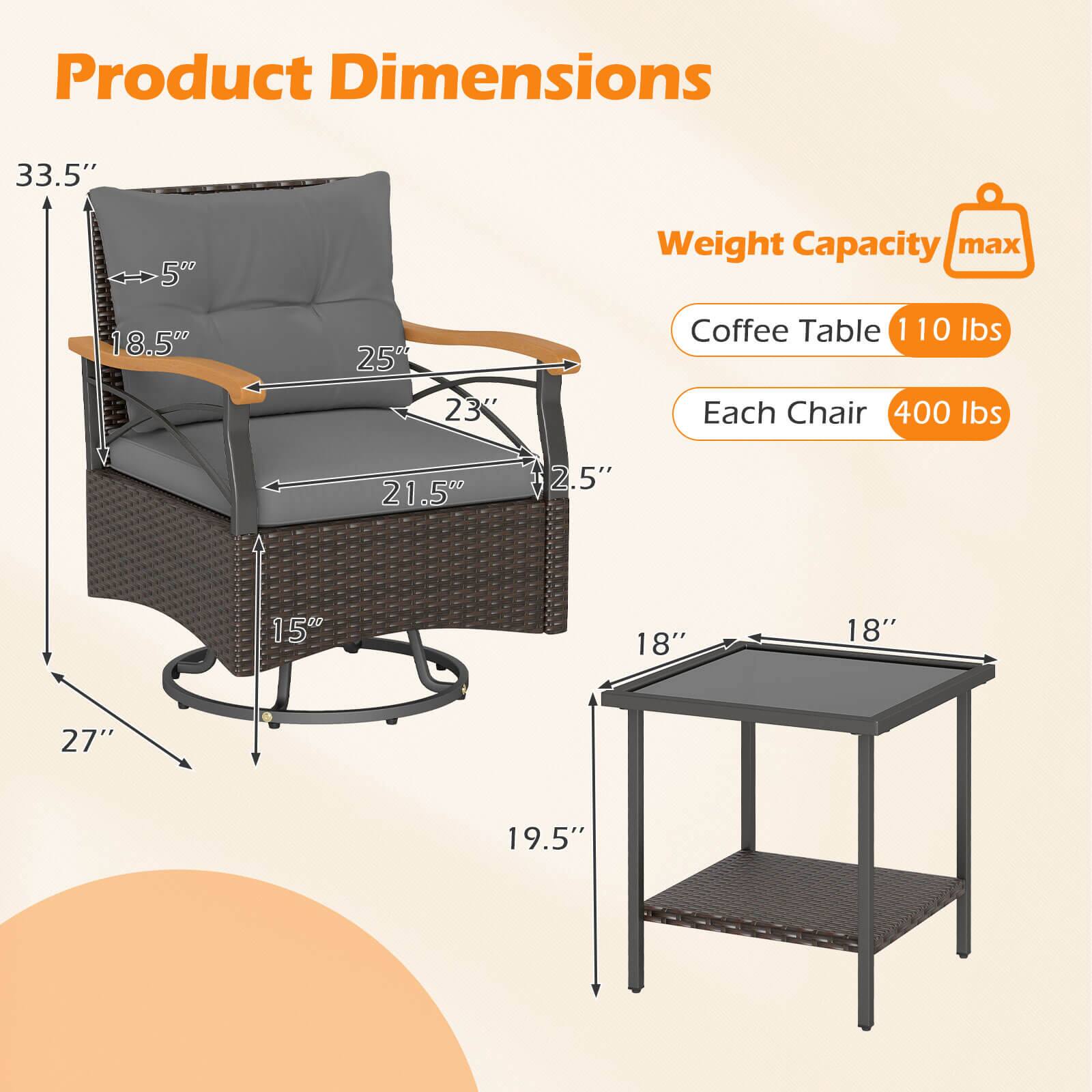 Product Dimensions

- Chair: 33.5" H x 5" W x 18.5" D x 25" W x 23" D x 21.5" W x 2.5" D x 15" D x 27" W x 19.5" D
- Coffee Table: 18" W x 18" D x 5" H x 19.5" D

Weight Capacity

- Coffee Table: 110 lbs
- Each Chair: 400 lbs
