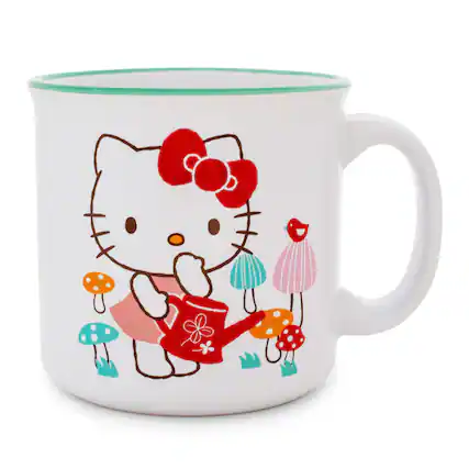 Front. Silver Buffalo - Sanrio Hello Kitty Watering Mushrooms Ceramic Camper Mug | Holds 20 Ounces - Red.