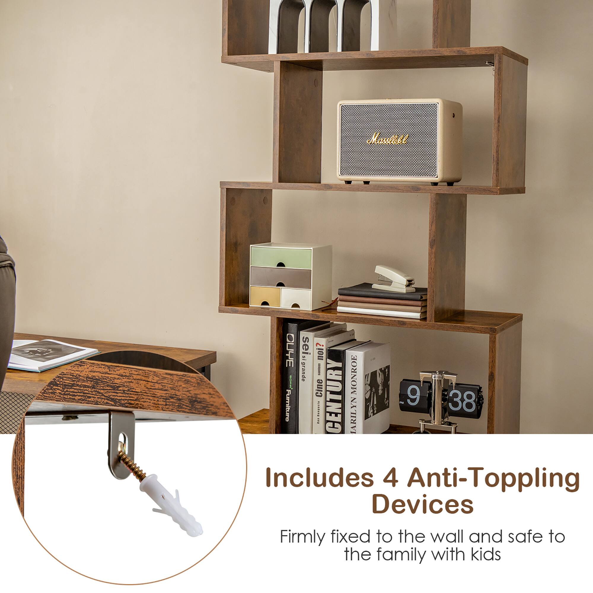 Includes 4 Anti-Toppling Devices Firmly fixed to the wall and safe for the family with kids.