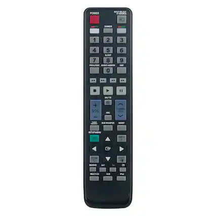 POWER
INPUT SELECT TV SOURCE
1 2 3 4 5 6 7 8 9 0
PROLOGIC AUDIO ASSIGN DSP
MUTE + VOL ASC TUNING CH | TUNEa MEMORY SUB WOOFER MO/ST
SETUP/MENU HIN INFO I RETURN C EXIT +
BD/DVD SAT TV Co MULTI CH AUX iPod