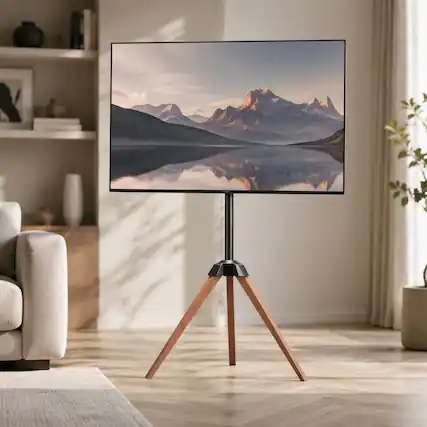 Front. RYHNUYNE - Tripod Easel TV Stand With Oak Wood Legs, 18° Rotation Portable Mount For 40-65 Inch Flat Curved TVs - Black.