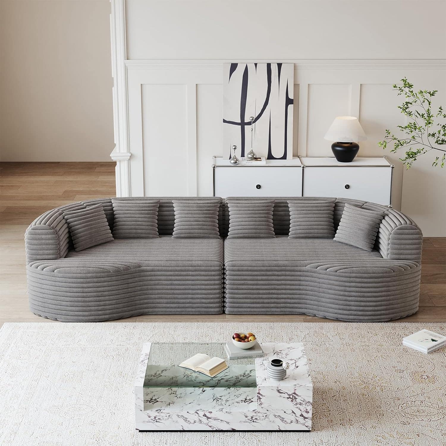 Trinkets Crazed - 106.3" Curved Sectional Sofa Oversized Deep Seat Cloud Couch with 6 Pillows - Gray