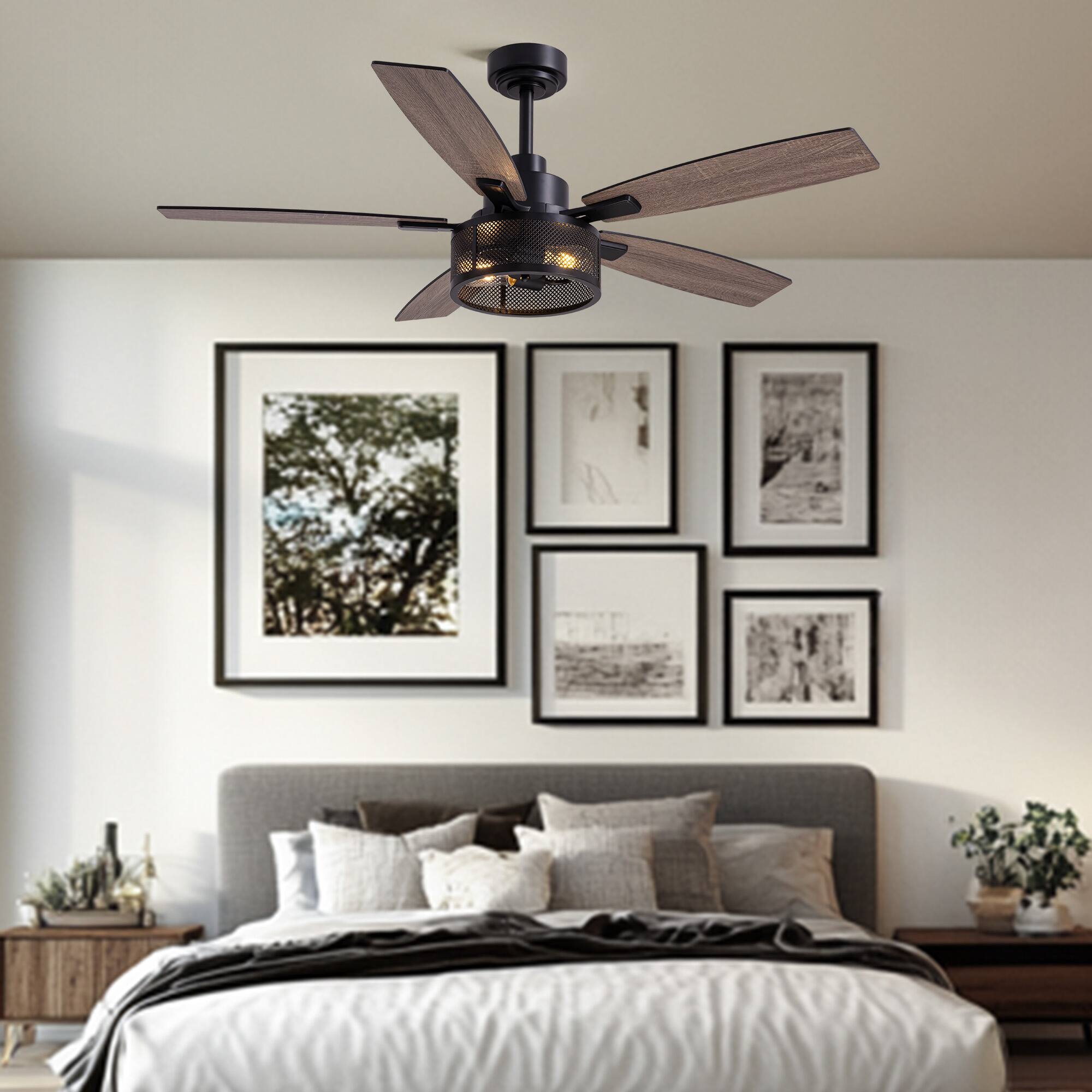 46 Inch Ceiling Fans With Lights And Remote Control, Farmhouse Ceiling Fan For Bedroom Living Room And Patio, Black Caged Ceiling Fan For Indoor And Outdoor