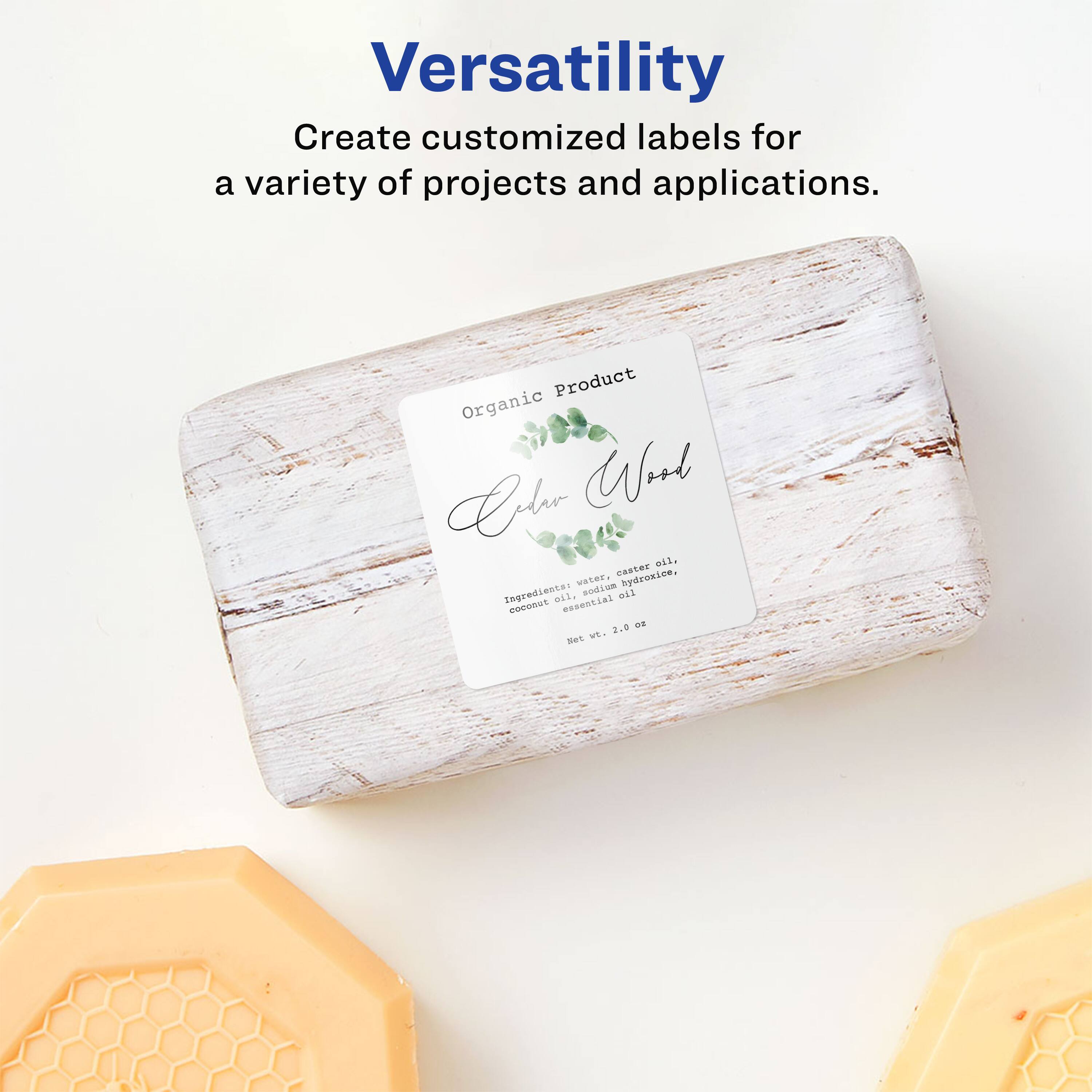 Versatility  
Create customized labels for a variety of projects and applications.  

Organic Product  
Cedar Wood  

Ingredients: water, coconut oil, castor oil, sodium hydroxide, essential oil  

Net wt. 2.0 oz