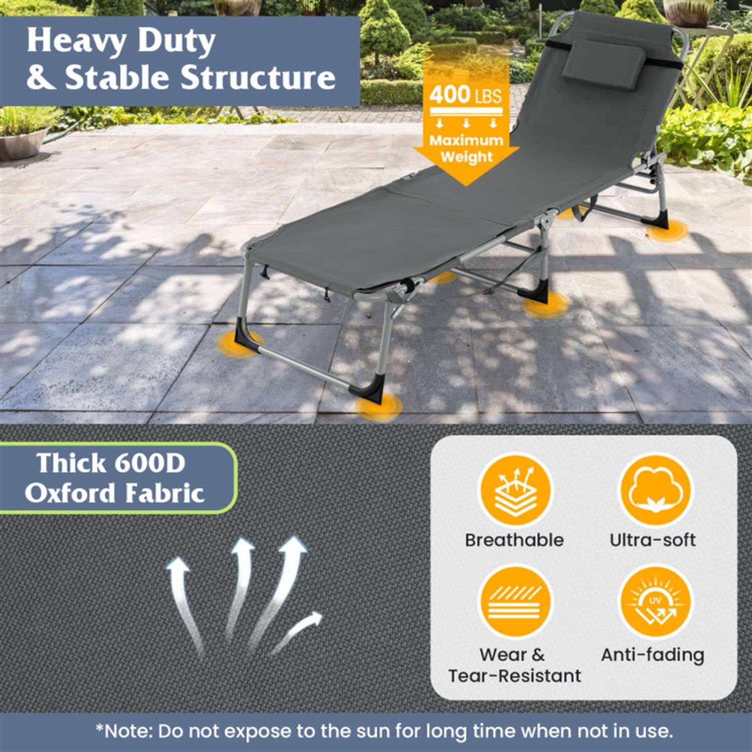 Heavy Duty & Stable Structure  
400 LBS Maximum Weight  

Thick 600D Oxford Fabric  

Breathable  
Ultra-soft  
Wear & Tear-Resistant  
Anti-fading  

*Note: Do not expose to the sun for long time when not in use.