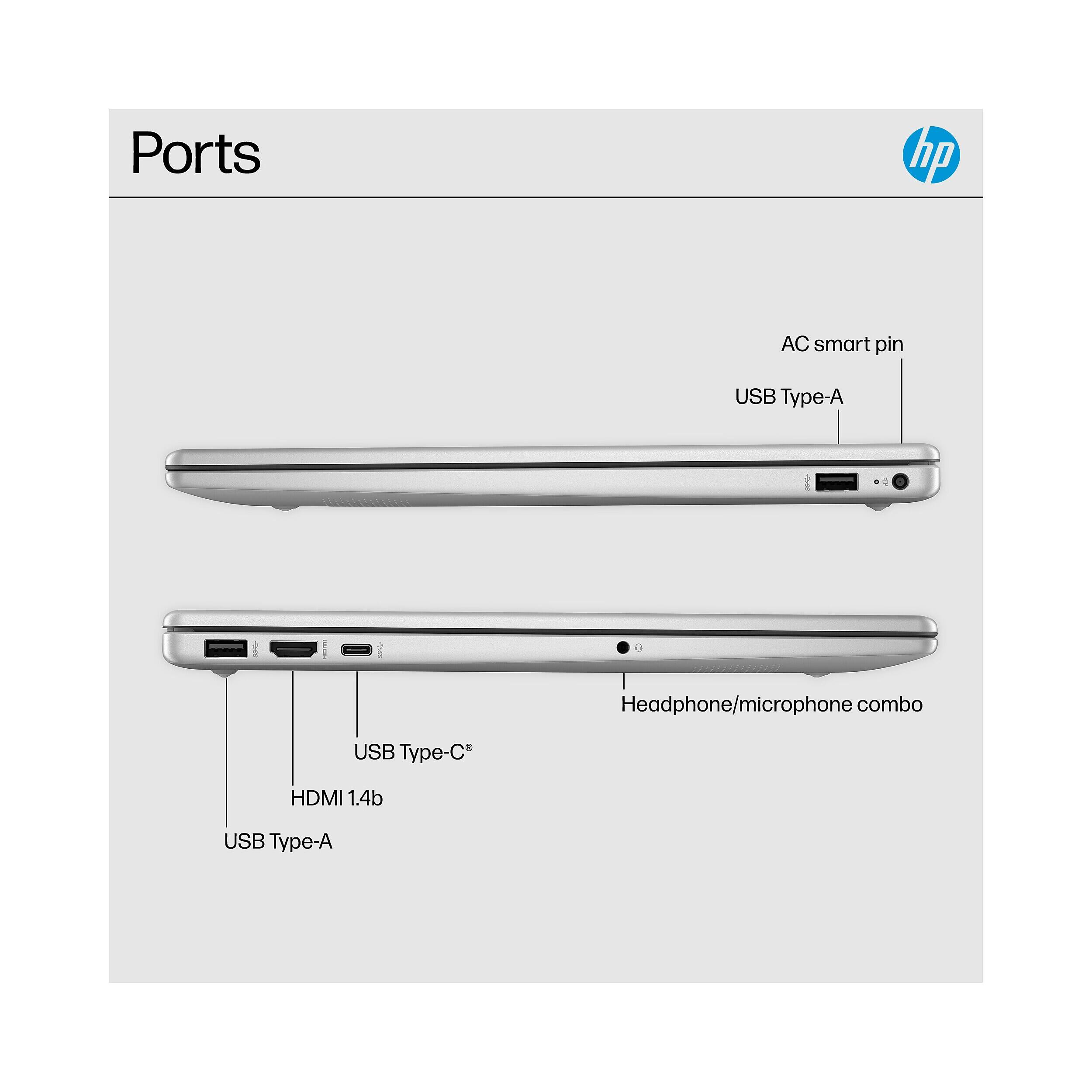 Ports

hp

AC smart pin
USB Type-A
Headphone/microphone combo
USB Type-C
HDMI 1.4b
USB Type-A
