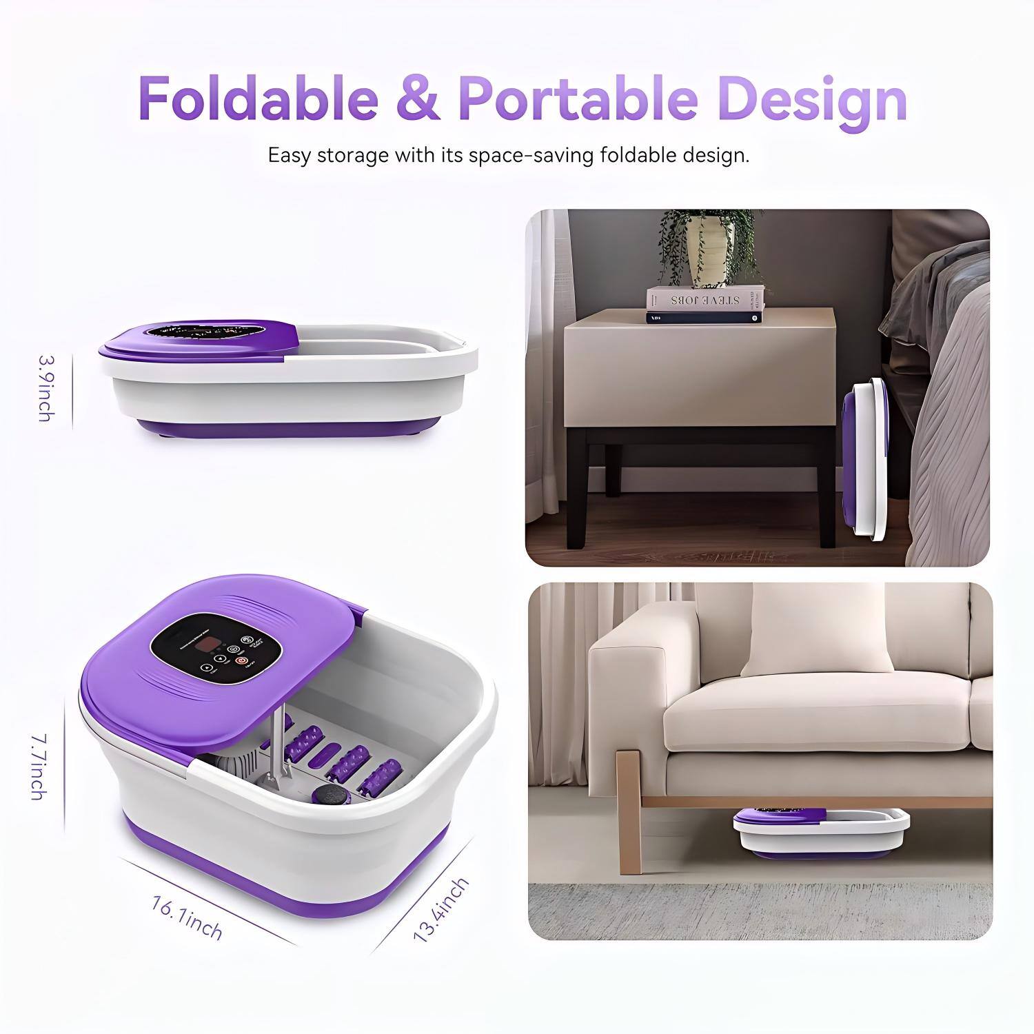 Foldable & Portable Design  
Easy storage with its space-saving foldable design.  

3.9 inch  
7.7 inch  
16.1 inch  
13.4 inch