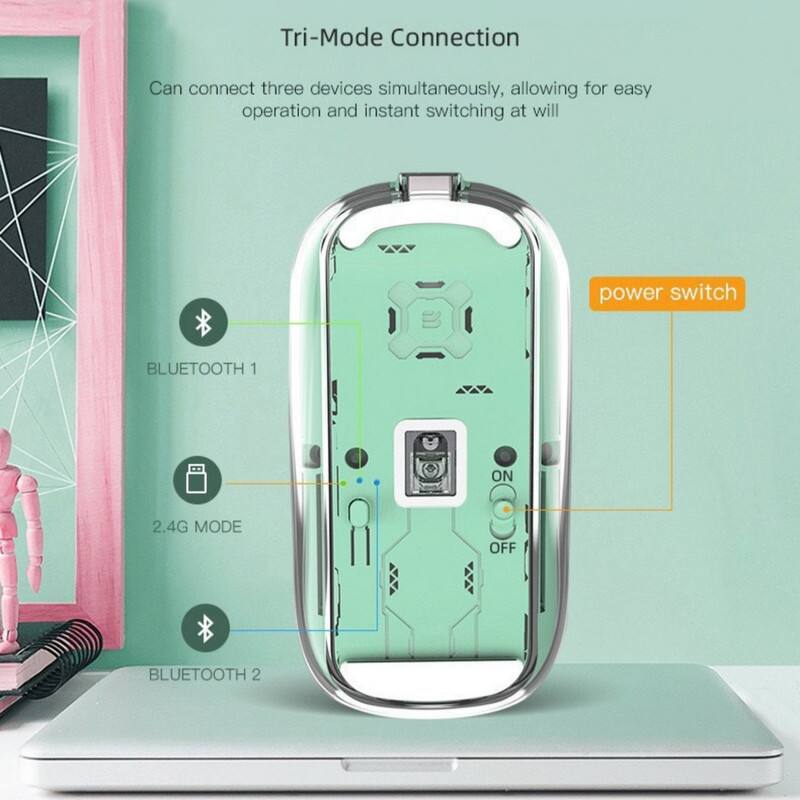 Tri-Mode Connection

Can connect three devices simultaneously, allowing for easy operation and instant switching at will

- BLUETOOTH 1
- 2.4G MODE
- BLUETOOTH 2

power switch