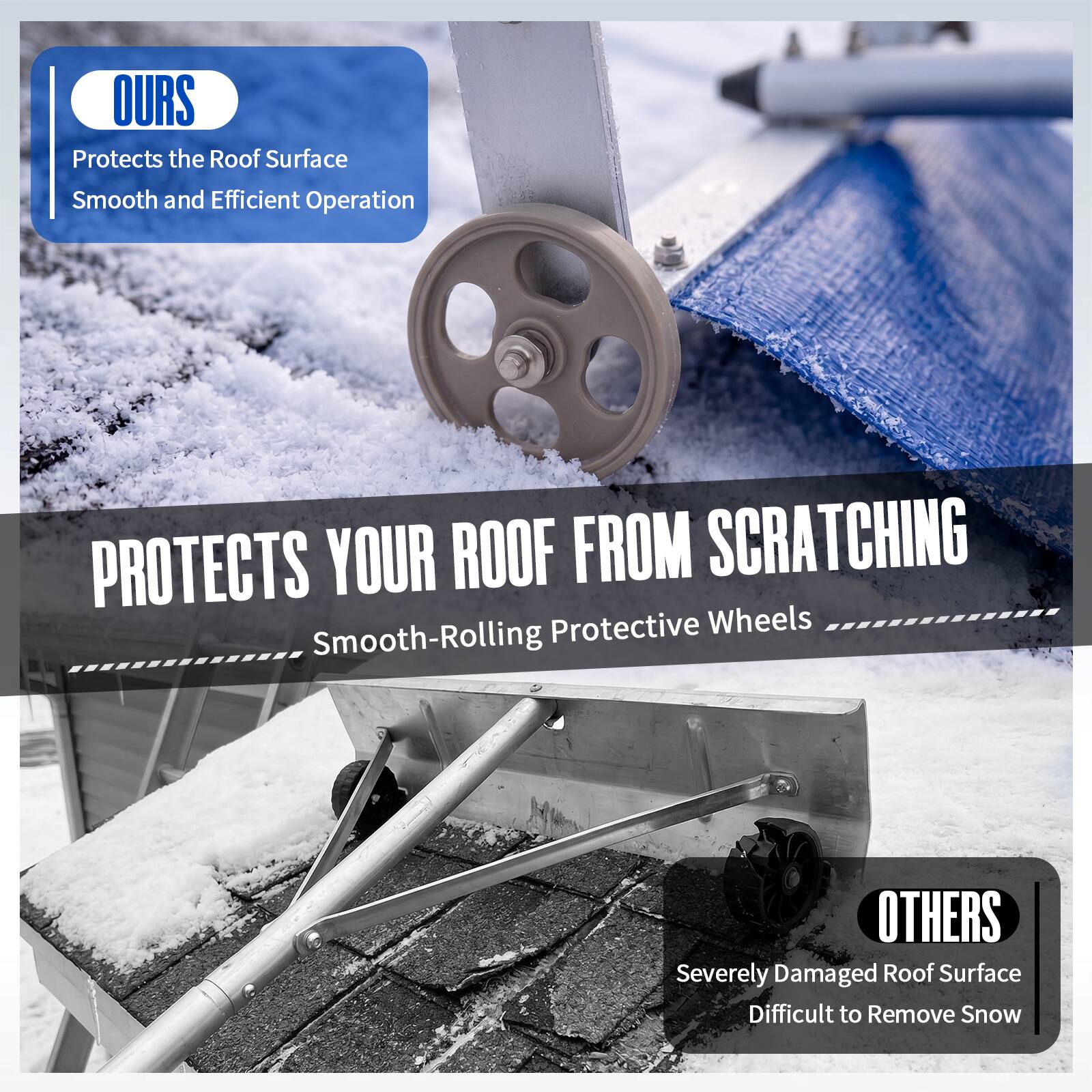 OURS  
Protects the Roof Surface  
Smooth and Efficient Operation  

PROTECTS YOUR ROOF FROM SCRATCHING  
Smooth-Rolling Protective Wheels  

OTHERS  
Severely Damaged Roof Surface  
Difficult to Remove Snow