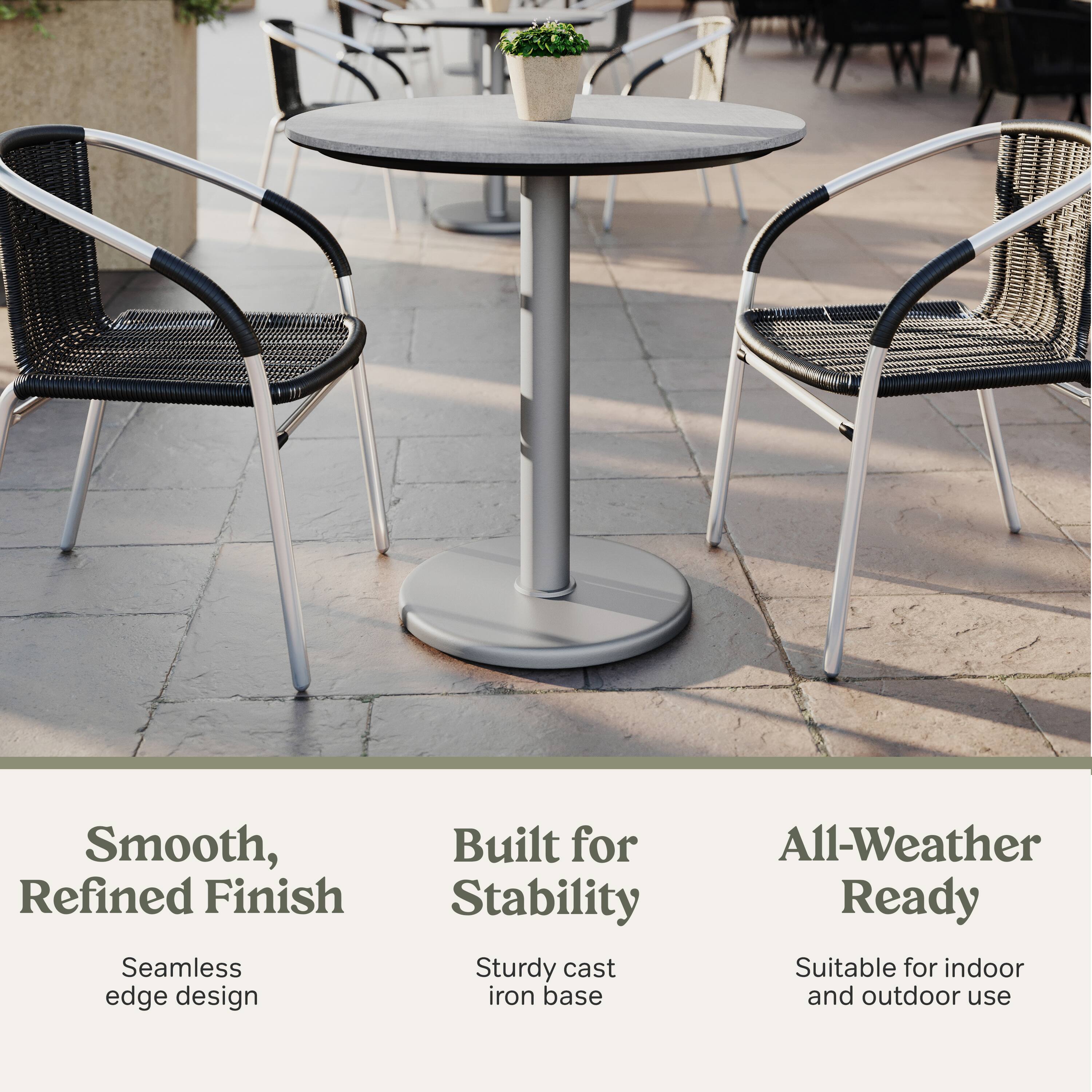 Smooth, Refined Finish  
Seamless edge design  

Built for Stability  
Sturdy cast iron base  

All-Weather Ready  
Suitable for indoor and outdoor use