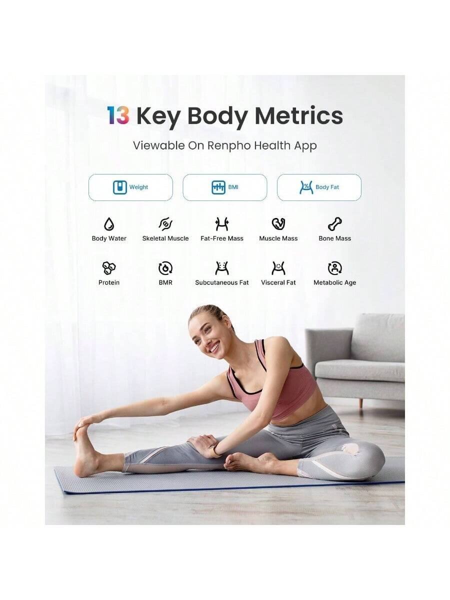 13 Key Body Metrics  
Viewable On Renpho Health App  

- Weight  
- BMI  
- Body Fat  
- Body Water  
- Skeletal Muscle  
- Fat-Free Mass  
- Muscle Mass  
- Bone Mass  
- Protein  
- BMR  
- Subcutaneous Fat  
- Visceral Fat  
- Metabolic Age