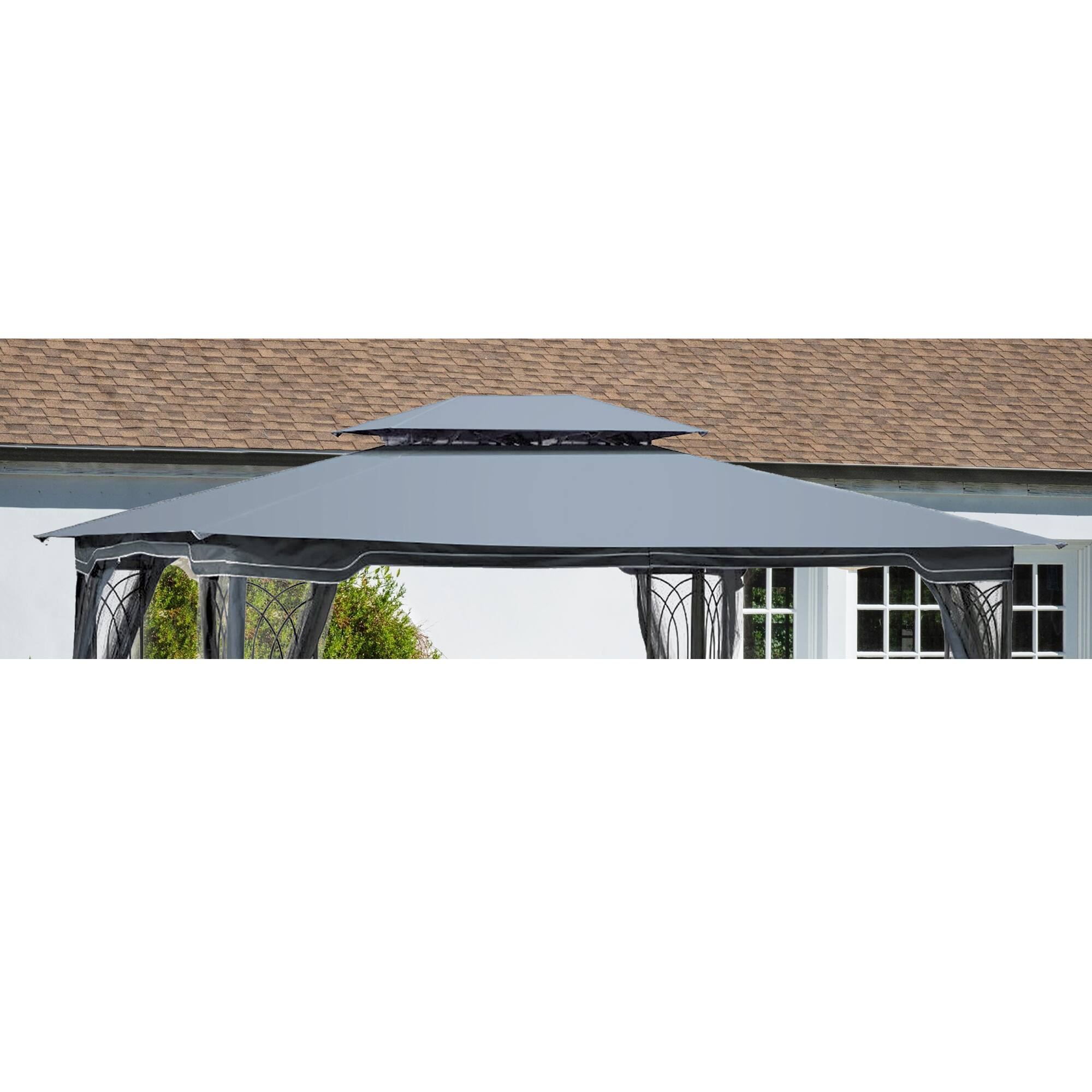 Front. APRILSOUL - 13x10 Ft Patio Double Roof Gazebo Replacement Canopy Top Fabric Gray.