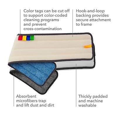 Color tags can be cut off to support color-coded cleaning programs and prevent cross-contamination.  
Hook-and-loop backing provides secure attachment to frame.  
Absorbent microfibers trap and lift dust and dirt.  
Thickly padded and machine washable.