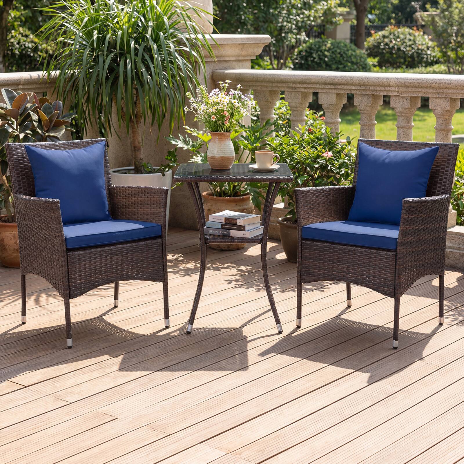 Alt View 1. Costway - Costway 3PCS Patio Wicker Bistro Set, 2 Rattan Chairs with Double-Tier Tempered Glass Table - Mix Brown + Blue.