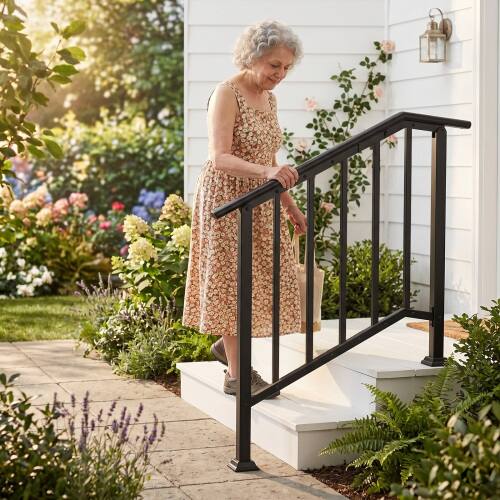 Alt View 7. Winado - Handrails 2-Step with Straight End, Wrought Iron Stair Railing for Concrete Indoor Outdoor Steps Fits Garden Porch - Black.