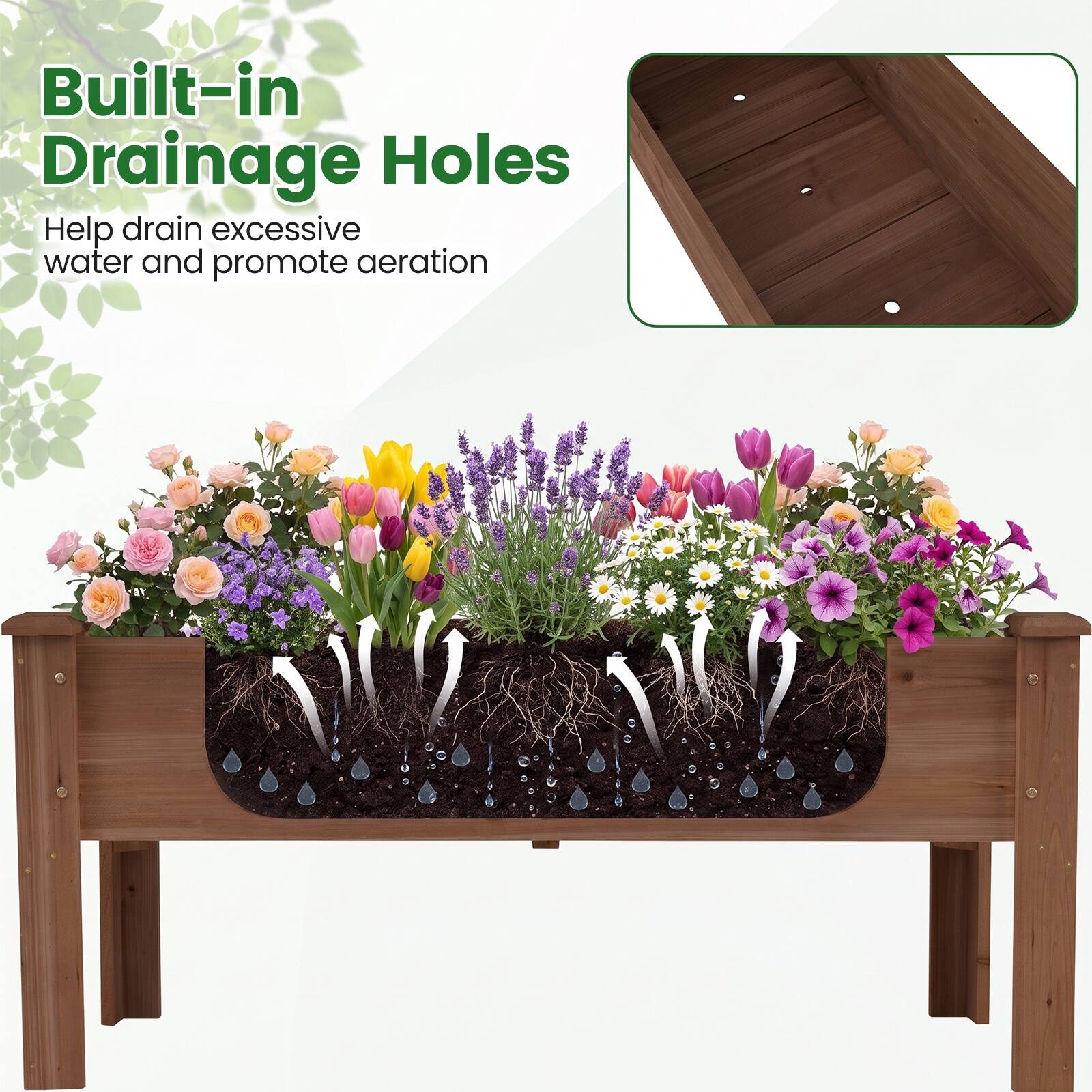 Built-in Drainage Holes  
Help drain excessive water and promote aeration